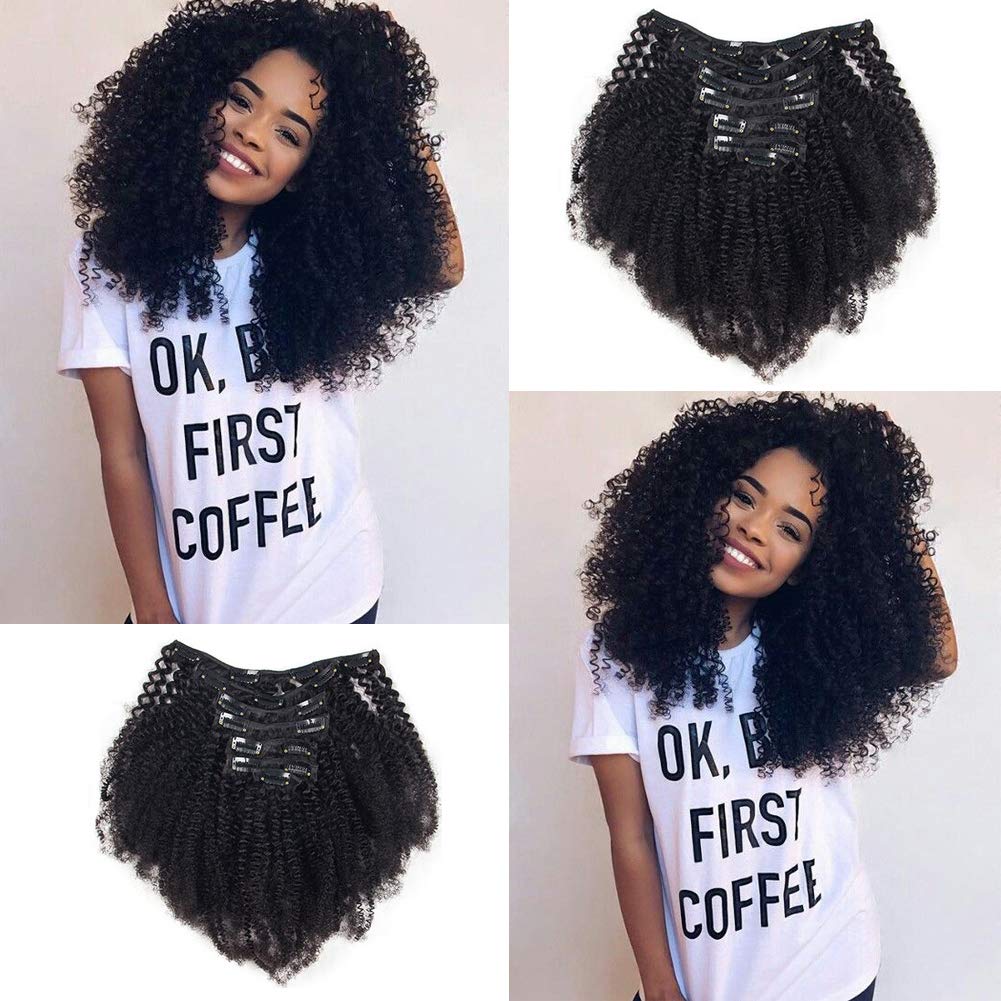 #1B Afro Kinky Curly Human Hair Clip-in Extensions - Virgin Mongolian Hair - 7pcs/Set (14inch, 120g) for Black Women | Perfect for Daily Styling, Parties & Protective Hairstyles