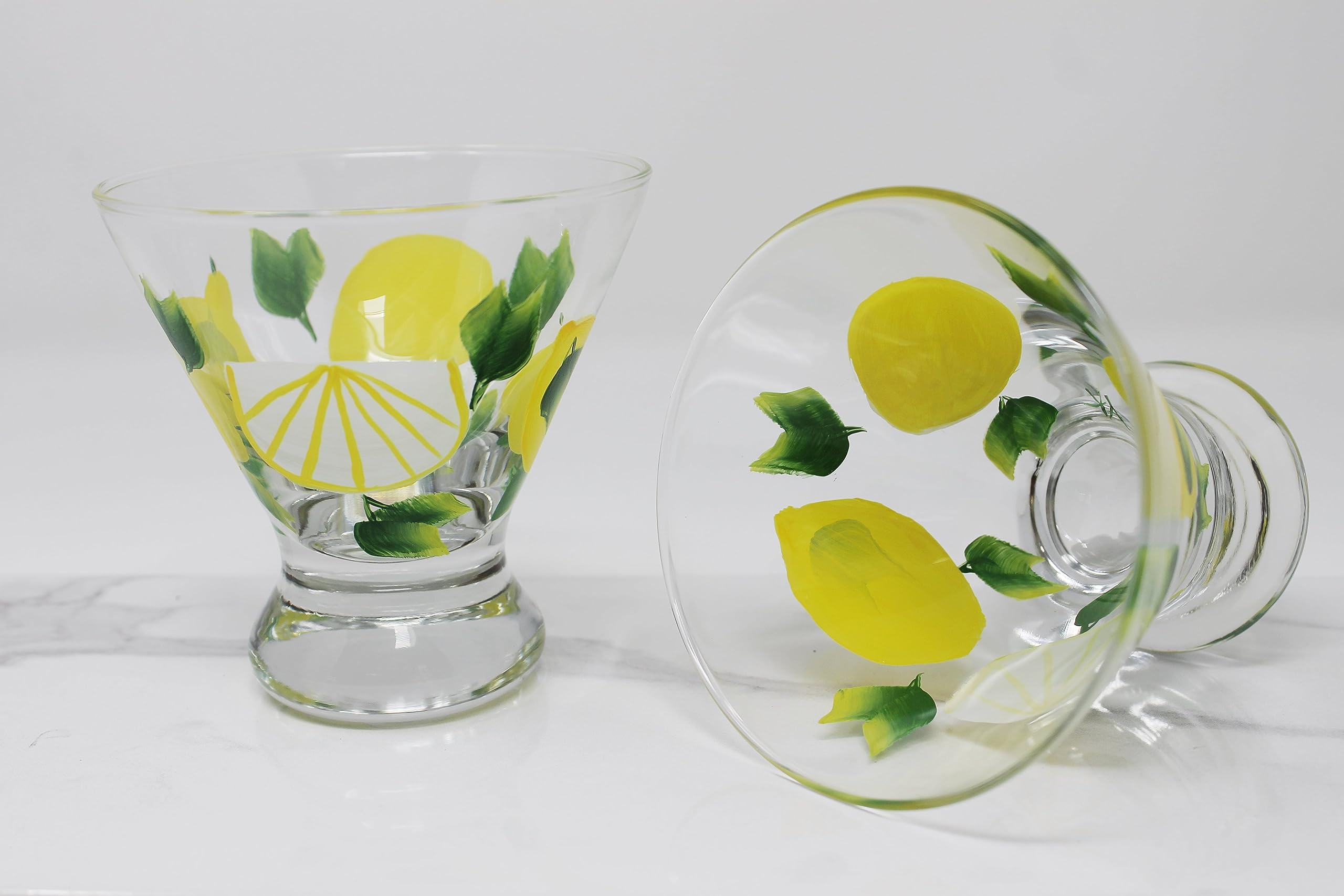 Hand Painted Stemless Martini Glasses Set of 2 - Elegant Lemon Drop Cocktail Glasses for Home Bar, Party & Wedding Decor