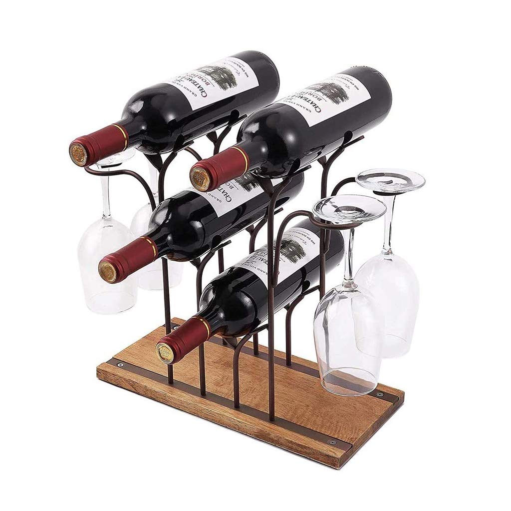 Premium Wooden Tabletop Wine Rack - Holds 4 Bottles & 4 Glasses - Space-Saving Countertop Wine Holder for Kitchen, Bar, Dining Room & Home Decor - Durable Wood & Metal Construction - Perfect for Wine Storage, Entertaining Guests & Gifting