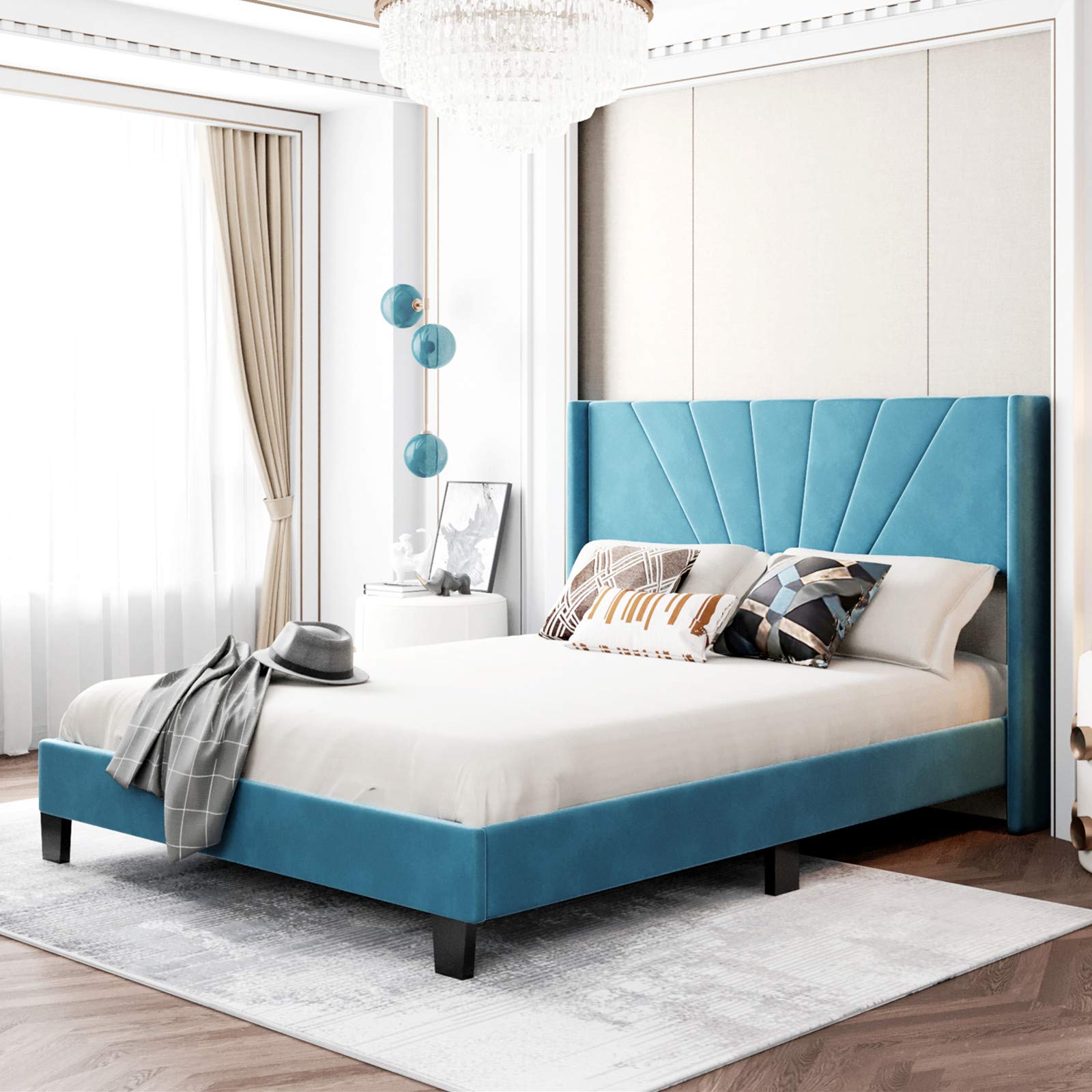 Blue Velvet Upholstered Queen Platform Bed Frame with Wooden Slats & Stylish Headboard - Modern Bedroom Furniture for Guest Rooms & Master Suites | Queen Size Bed with Luxurious Velvet Fabric for Elegant Home Decor