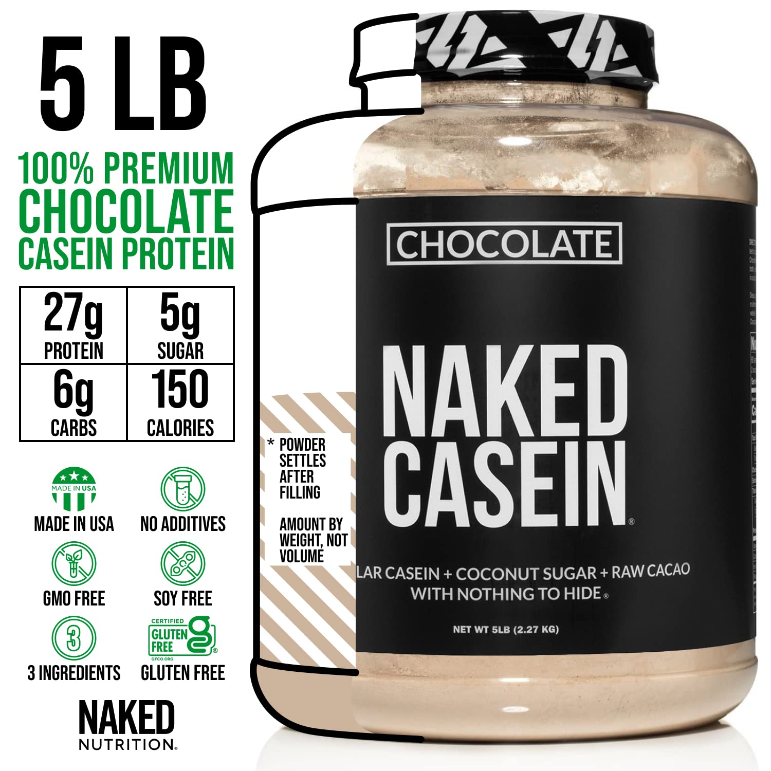 Naked Chocolate Casein Protein Powder - 5lb Bulk, GMO-Free, Gluten-Free, Soy-Free & Preservative-Free - Supports Muscle Growth & Recovery - 60 Servings - Perfect for Post-Workout & Nighttime Protein Supplement