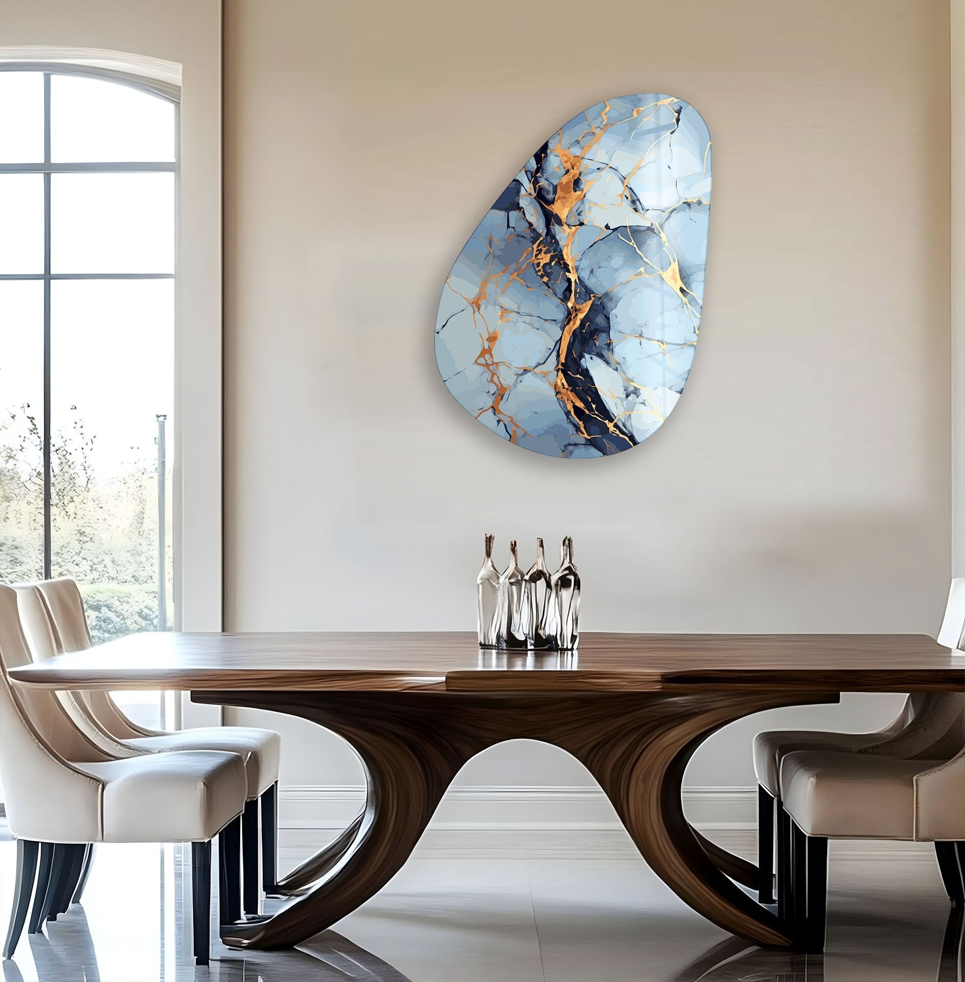 Modern Asymmetrical Oval Light Blue Abstract Glass Wall Art - Handmade Contemporary Decor for Living Room, Bedroom & Office