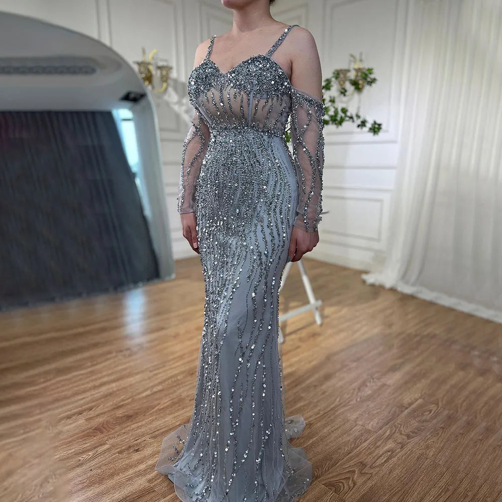 Elegant Grey Mermaid Evening Dress with Beaded Spaghetti Straps for Women - 2025 Luxury Wedding & Party Gown | Perfect for Prom, Cocktail Events & Formal Occasions