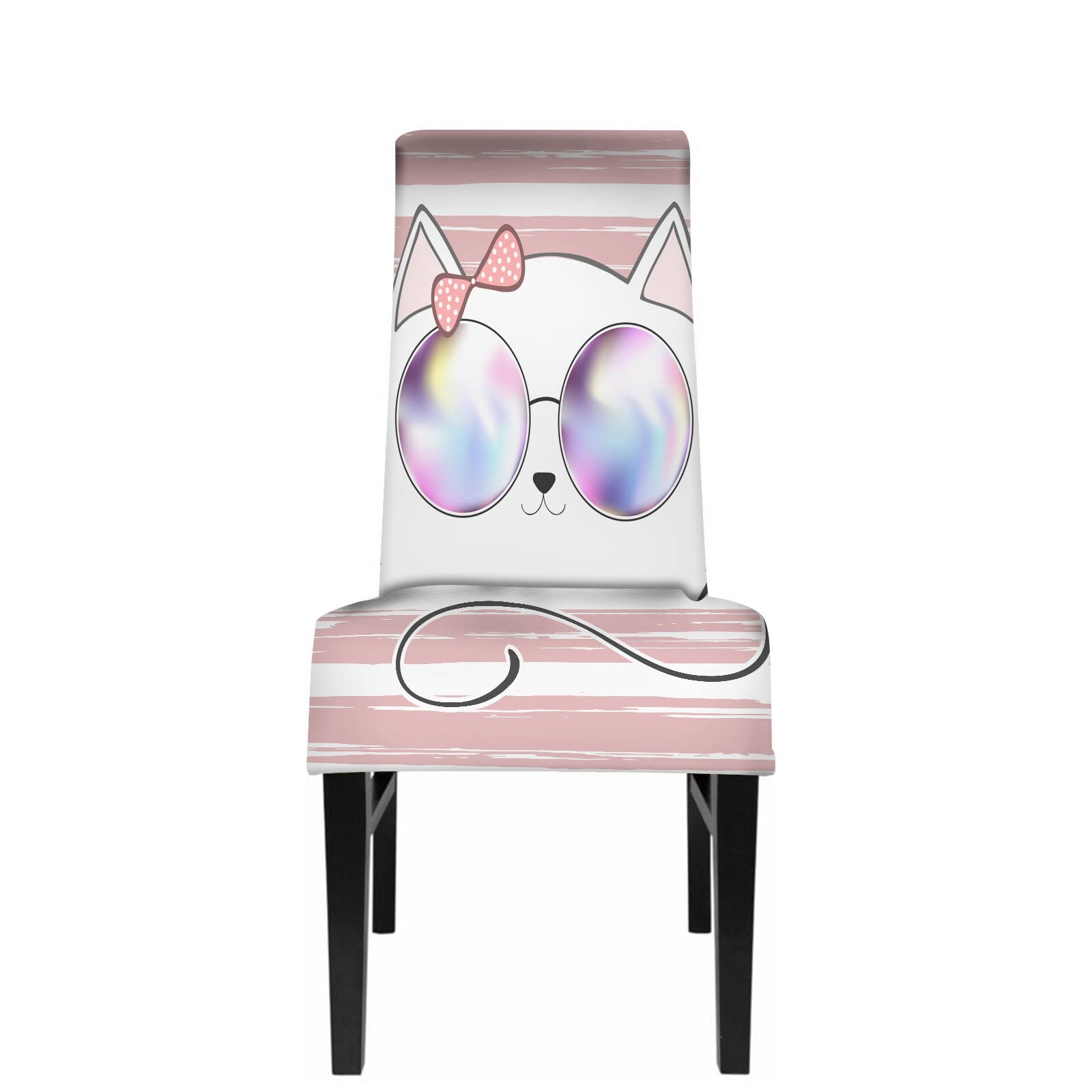 IBILIU Cute Cat Dining Chair Covers - Kawaii Kitten with Glasses Pink & White Striped Stretch Slipcover for Armless Chairs | Perfect for Dining Room, Kitchen, Cafe & Cat-Themed Decor