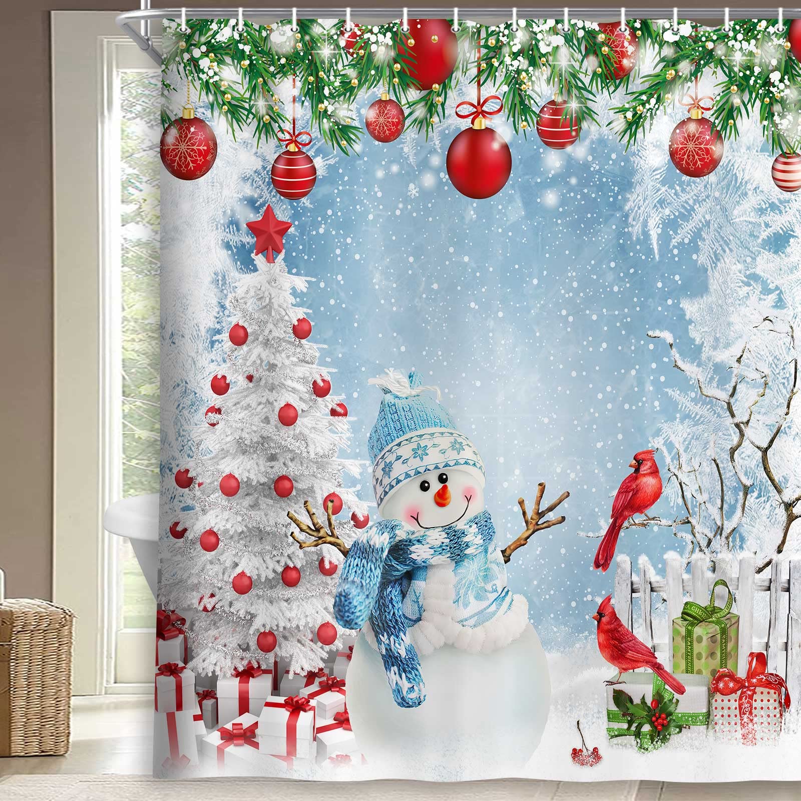Boziqr Christmas Shower Curtain Set - Cute Snowman & Xmas Tree Design with Winter Snowflakes, Durable Polyester Fabric (70x70 Inches, Blue/Red) - Perfect Holiday Bathroom Decor for Christmas, Winter & New Year Celebrations