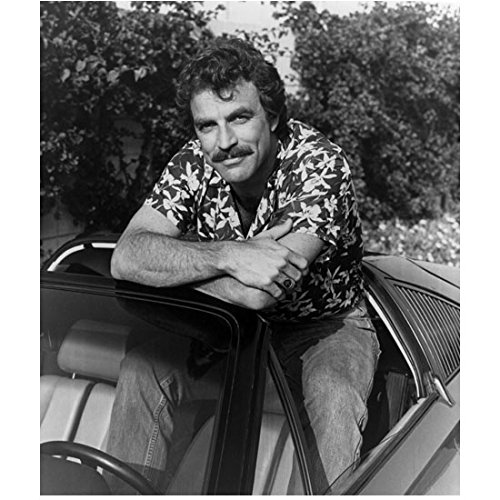 Tom Selleck 8x10 Inch Black & White Photo - Blue Bloods, Magnum P.I., 3 Men and a Baby - Sitting on Ferrari with Arms Crossed - Perfect for Movie Memorabilia, Actor Fan Gifts, and Home Theater Decor