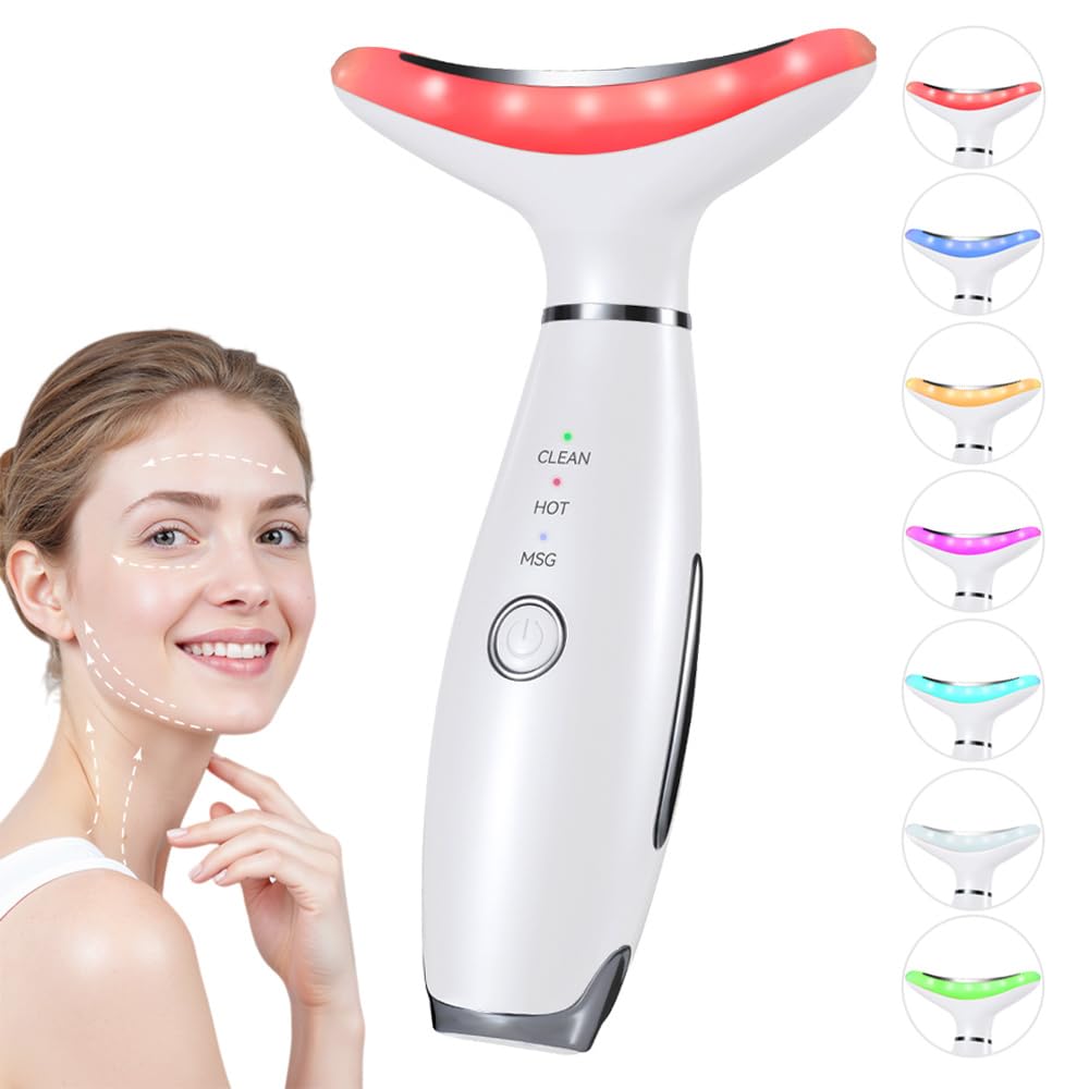 7-Color Neck & Face Massager with Heat & Vibration - Skin Care & Face Sculpting Tool for Home Spa & Relaxation - Perfect for Anti-Aging & Stress Relief - White