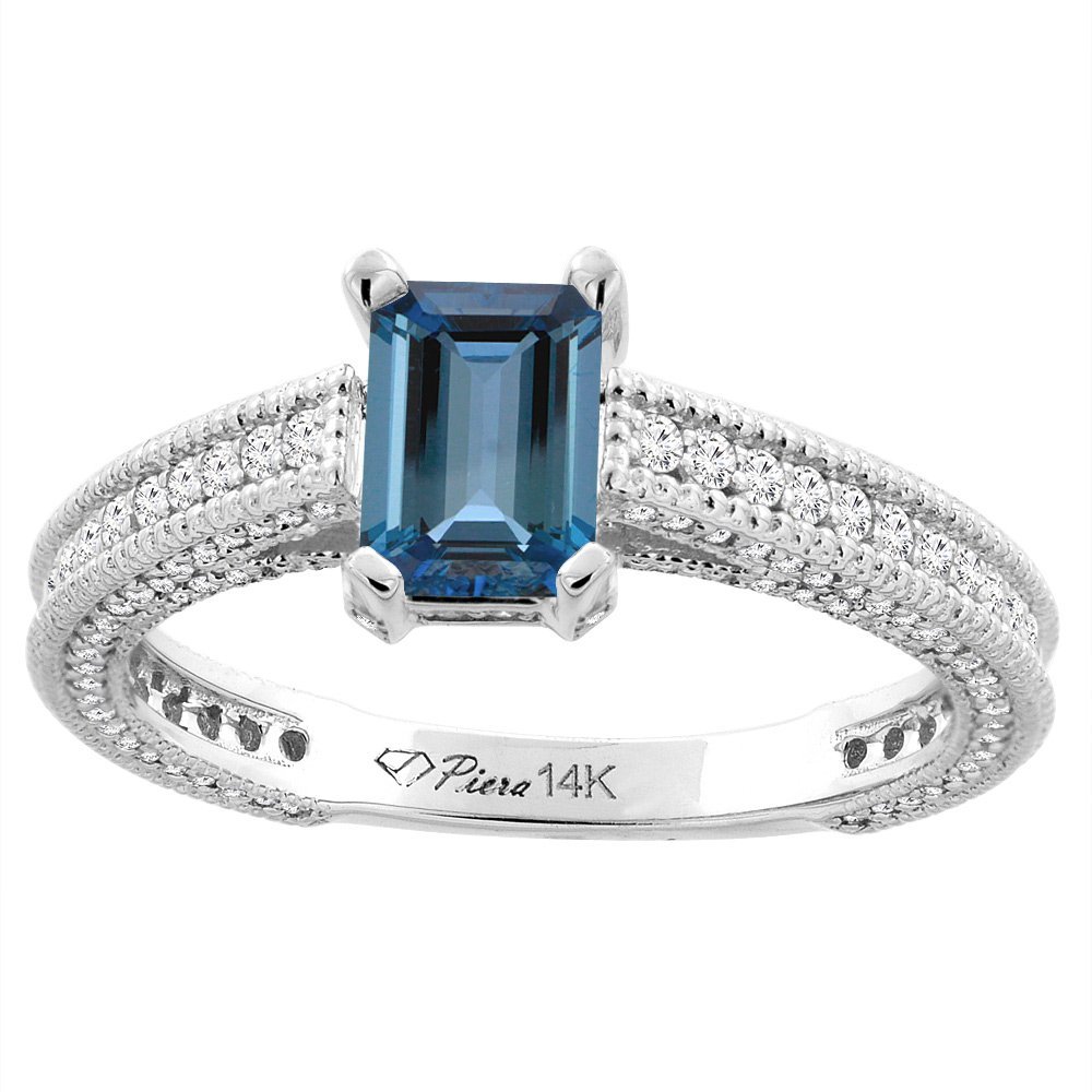 14K White Gold Natural London Blue Topaz & Diamond Octagon Ring 7x5mm - Sizes 5-10 - Elegant Engagement, Anniversary & Gift Jewelry for Women