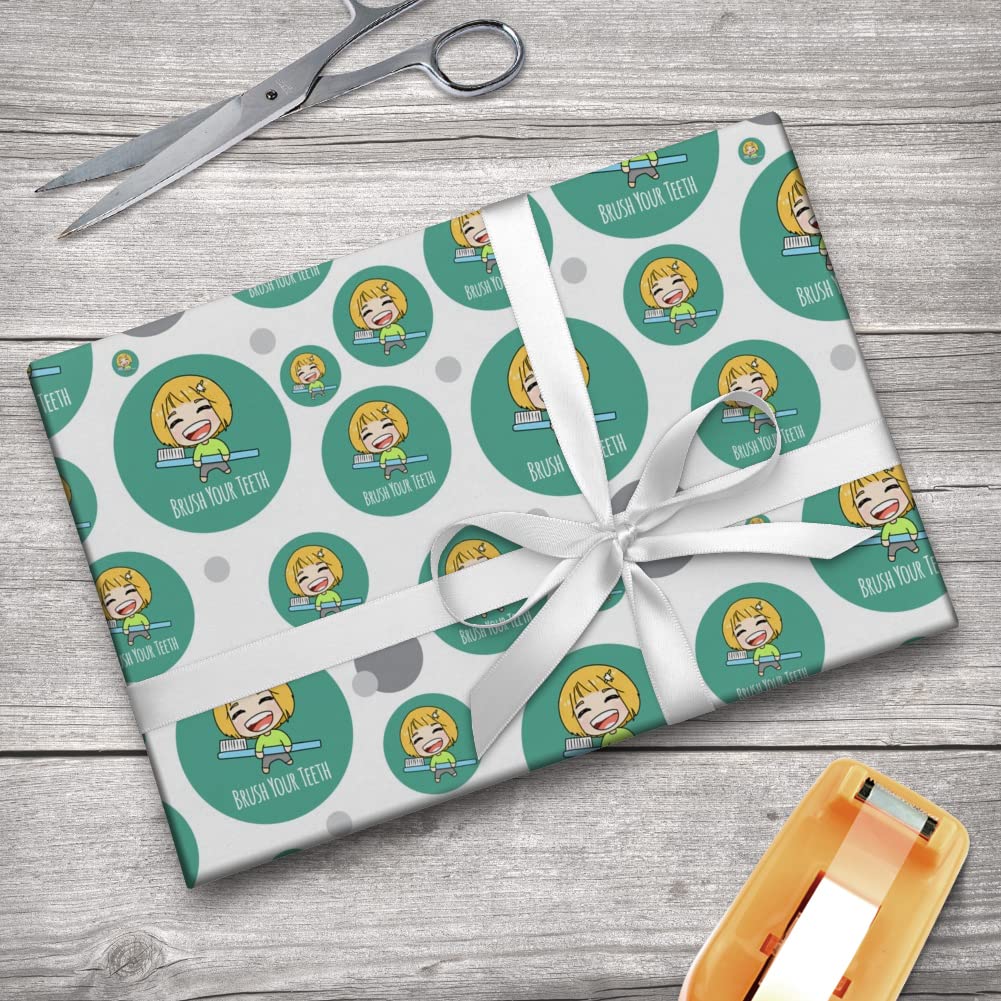 Kawaii Chibi Toothbrush Design Gift Wrap Paper Roll - Cute Dental Hygiene Themed Wrapping for Birthdays, Party Favors & Dental Awareness Events