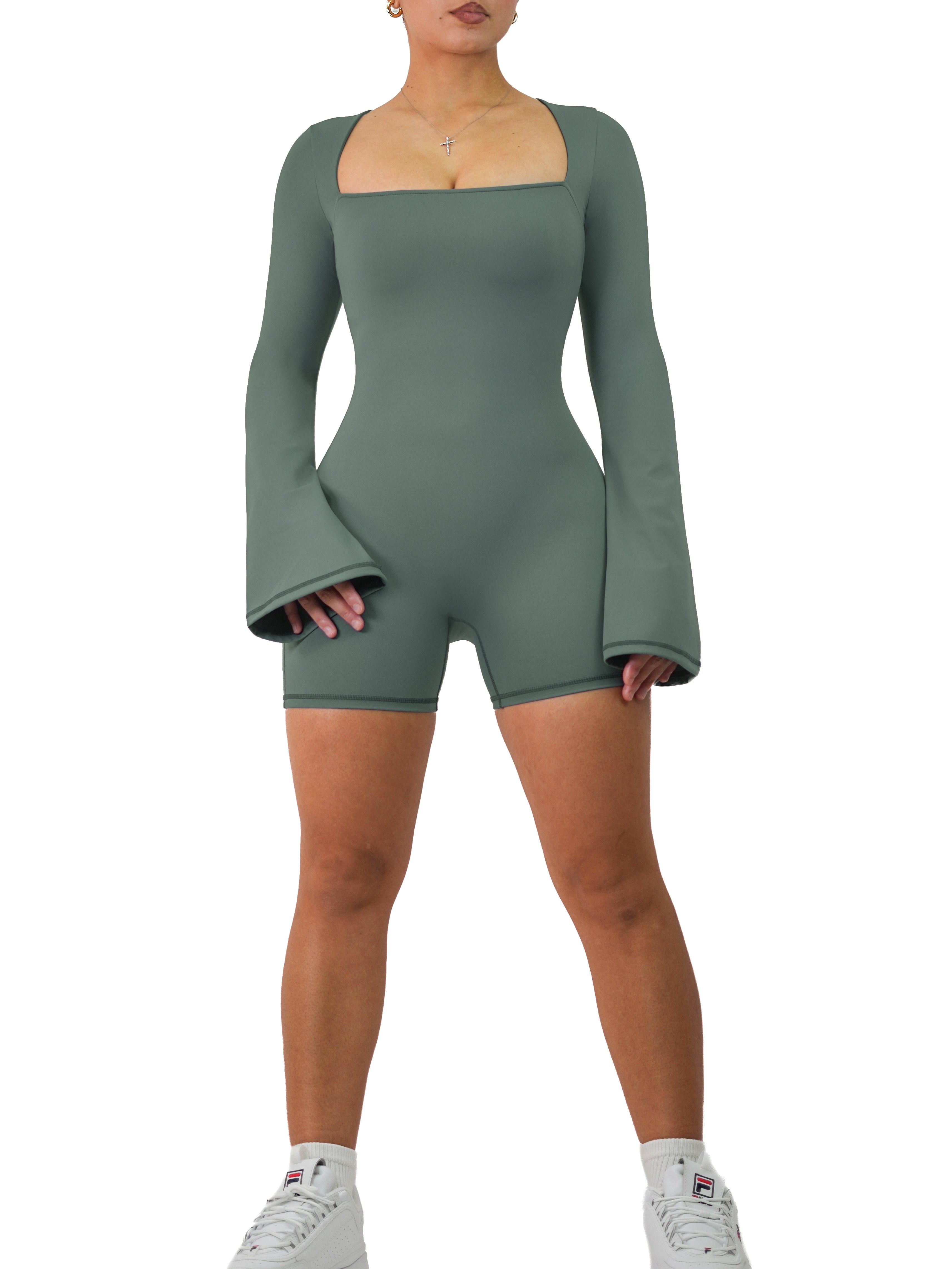 American Doll Flared Long Sleeve Short Romper - Stone Green Baby Jumpsuit for Girls | Perfect for Playdates, Photoshoots & Casual Outings