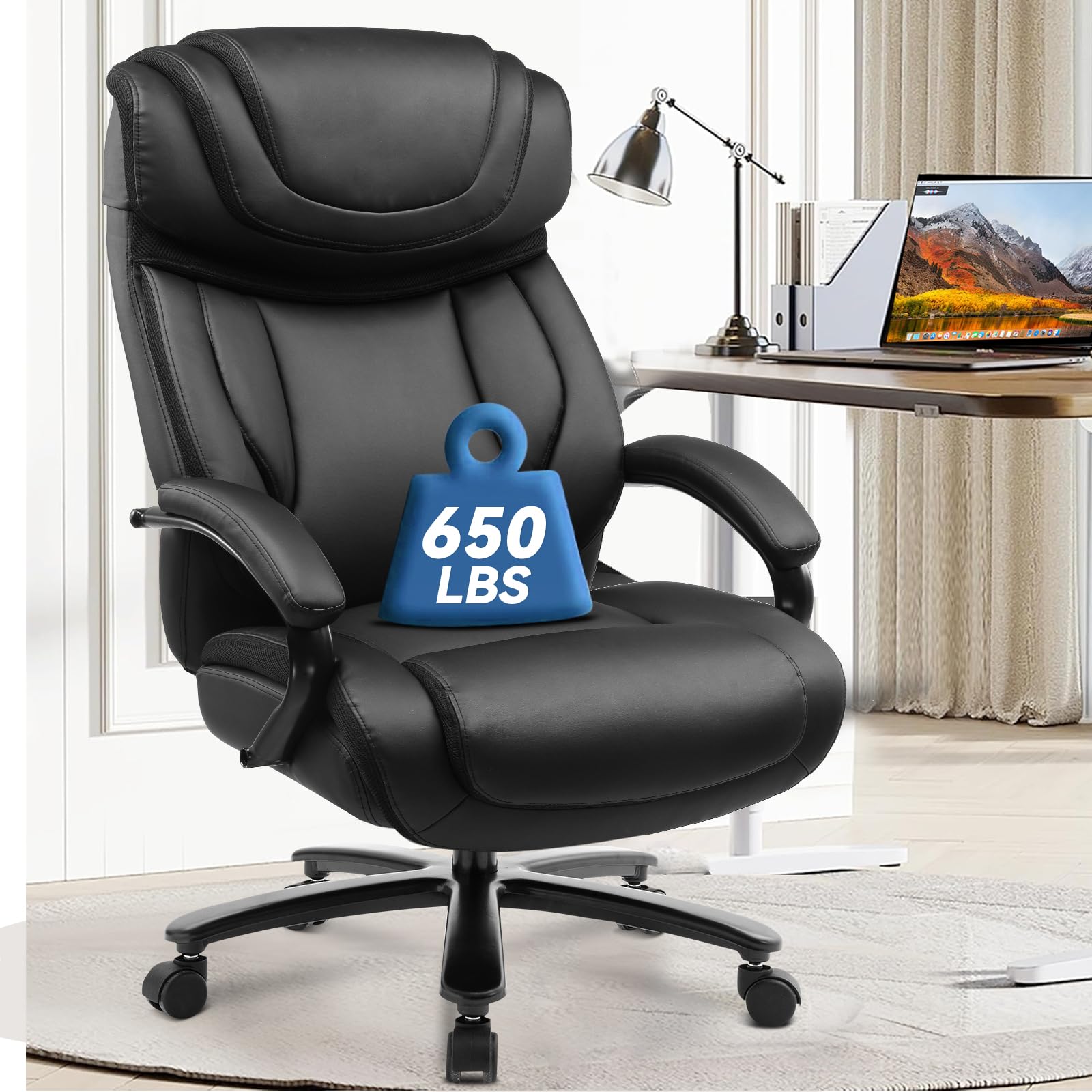 COMHOMA Big and Tall Office Chair 650lbs Capacity - Ergonomic Computer Desk Chair with Adjustable Headrest, 6-Way Rocking & Swivel - High Back Executive Leather Chair with Thickened Armrests - Perfect for Home Office, Gaming, and Long Work Sessions
