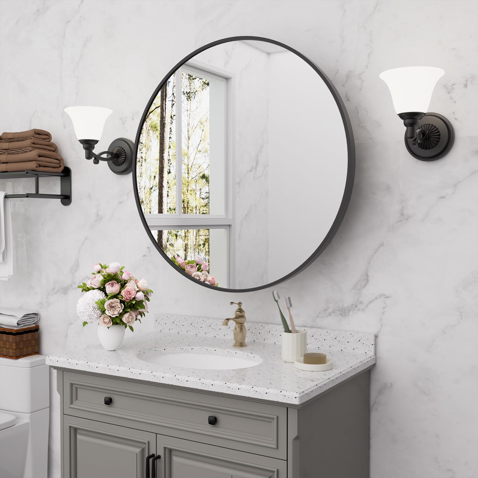 24 Inch Black Round Wall Mounted Medicine Cabinet with Mirror - Aluminum Alloy Metal Frame, Surface Mount Bathroom Storage | Perfect for Small Bathrooms, Powder Rooms & Vanity Areas