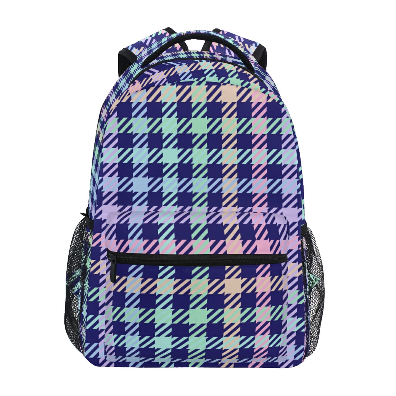 Pastel Rainbow Plaid Navy Backpack - Stylish School, Travel & Diaper Bag with 14 Inch Laptop Compartment | Perfect for College, Work, Day Trips & Parenting