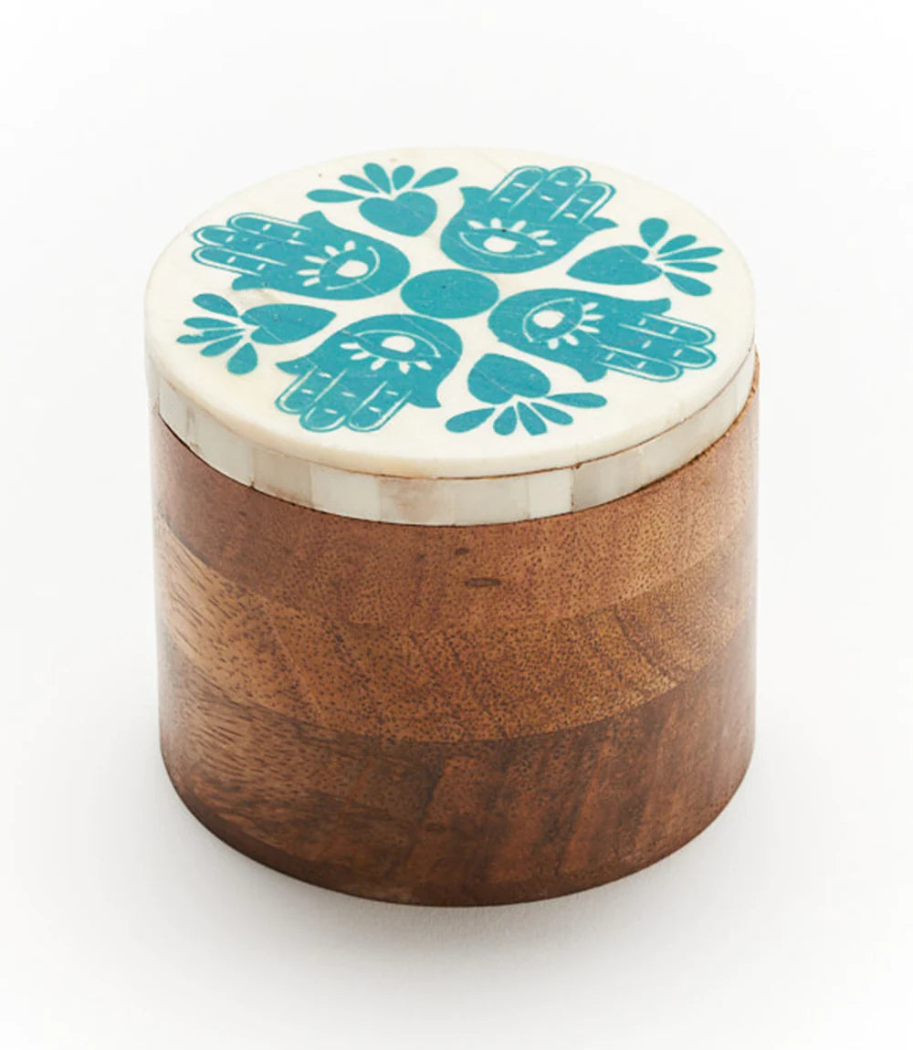 Hamsa Hand Round Keepsake Box - Jewelry Storage Organizer for Necklaces, Rings & Bracelets - Spiritual Gift for Home Decor & Meditation Space