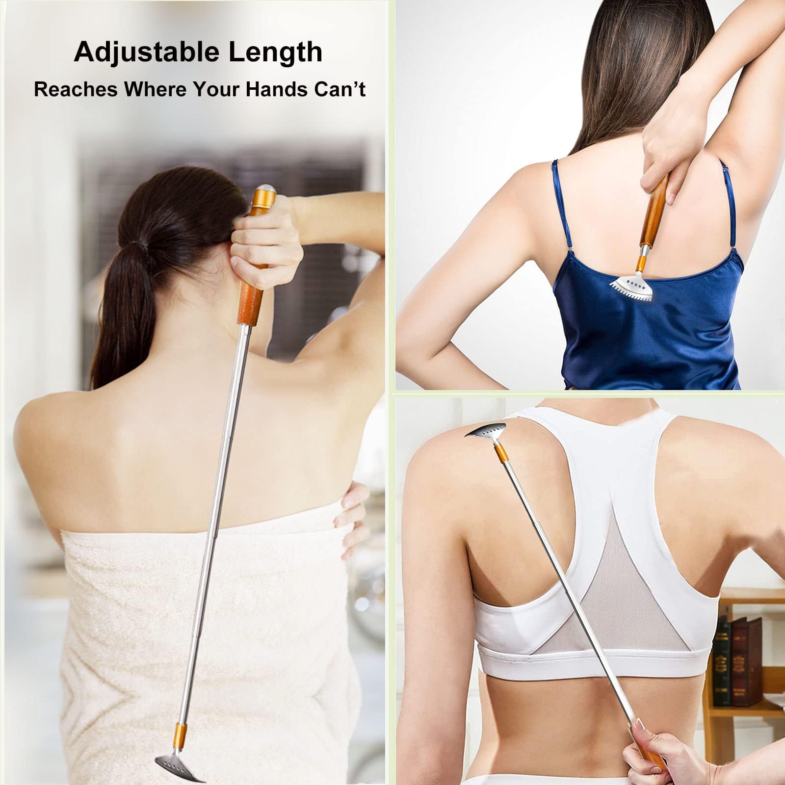 Telescopic Back Scratcher with Steel Roller Ball - Extendable Metal Scratcher with Wooden Handle, Wide Claw Design for Back, Scalp & Body Relief - Portable Massage Tool for Home, Office & Travel Use