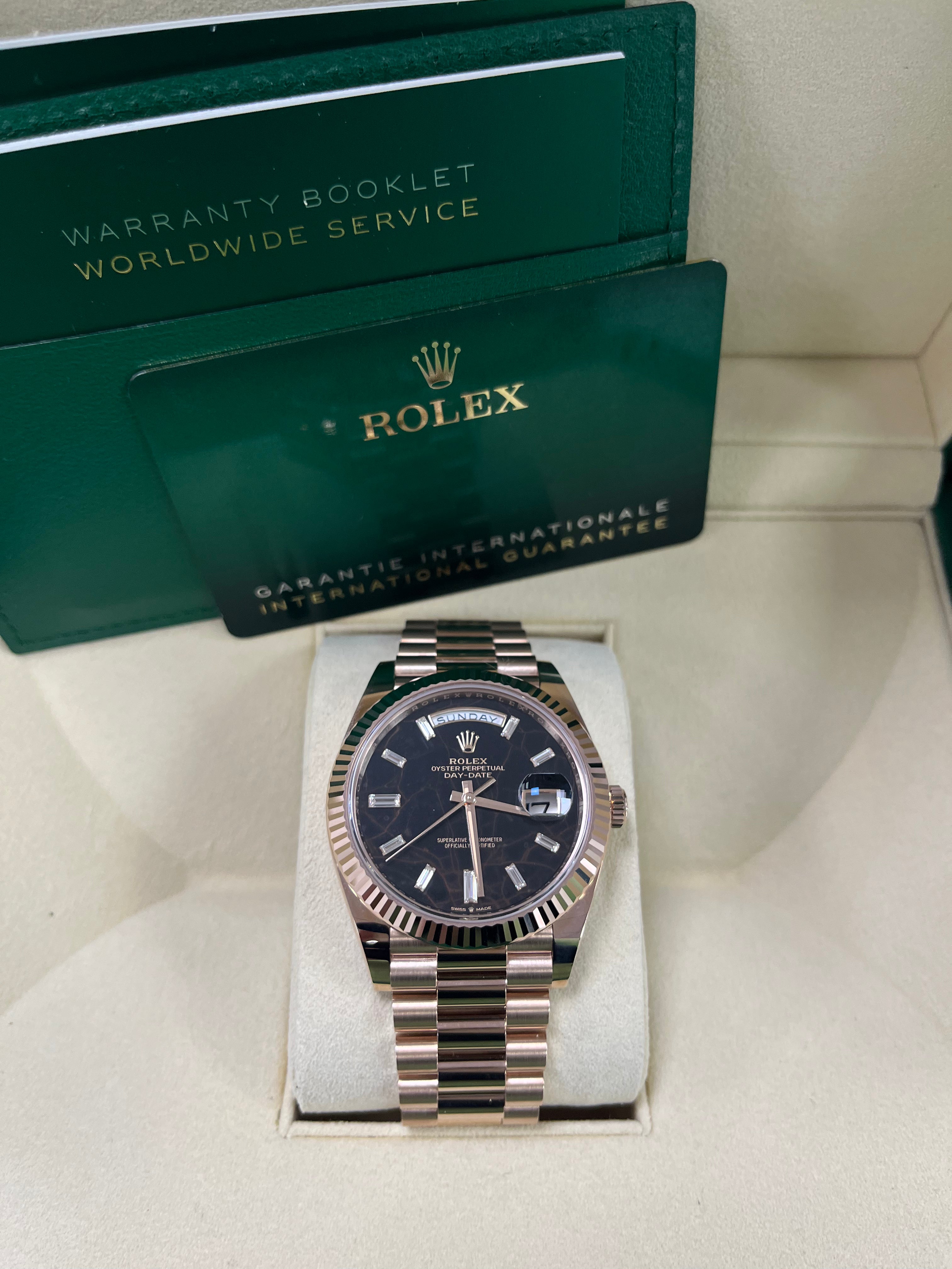Rolex Day Date 40 Watch - 18K Rose Gold Fluted Bezel, Eisenkiesel Diamond Dial, President Bracelet 228235 - Luxury Dress Watch for Men, Perfect for Business & Formal Occasions