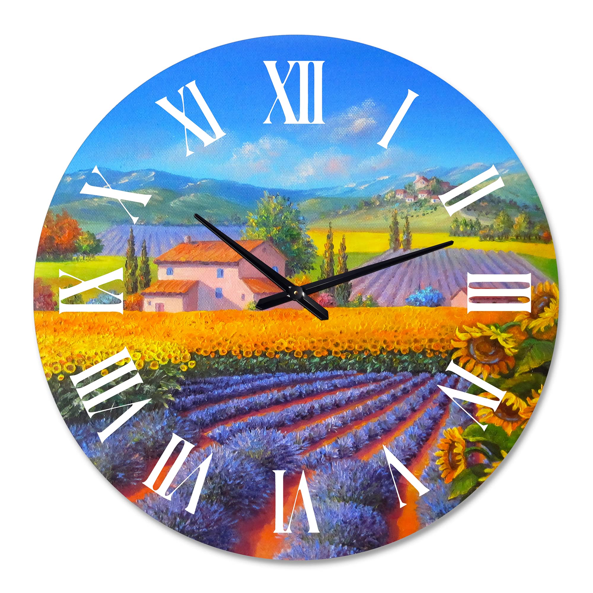 Lavender and Sunflower Fields Wall Clock - Large Traditional Landscape Wall Clock for Home, Office & Kitchen Decor | Perfect for Living Room, Bedroom & Workspace