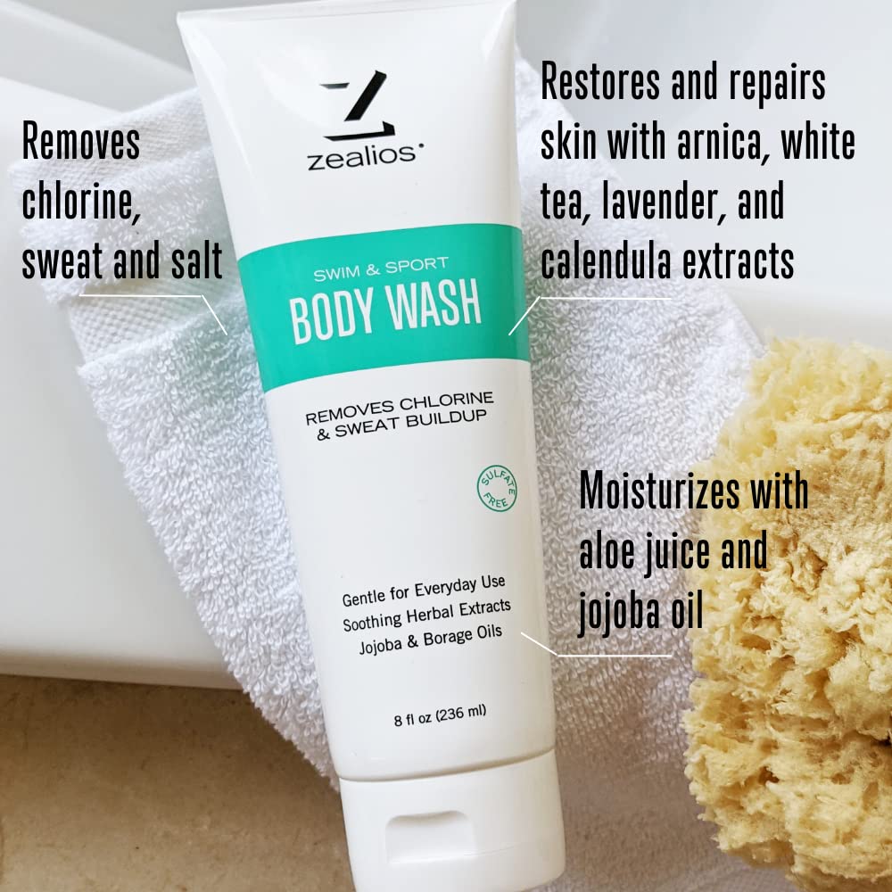 Zealios Swim & Sport Shampoo, Conditioner & Body Wash Set - 8 Oz Each - Moisturizing Formula for Chlorine & Saltwater Protection | Post-Swim Hair & Skin Care for Swimmers, Athletes & Beach Lovers