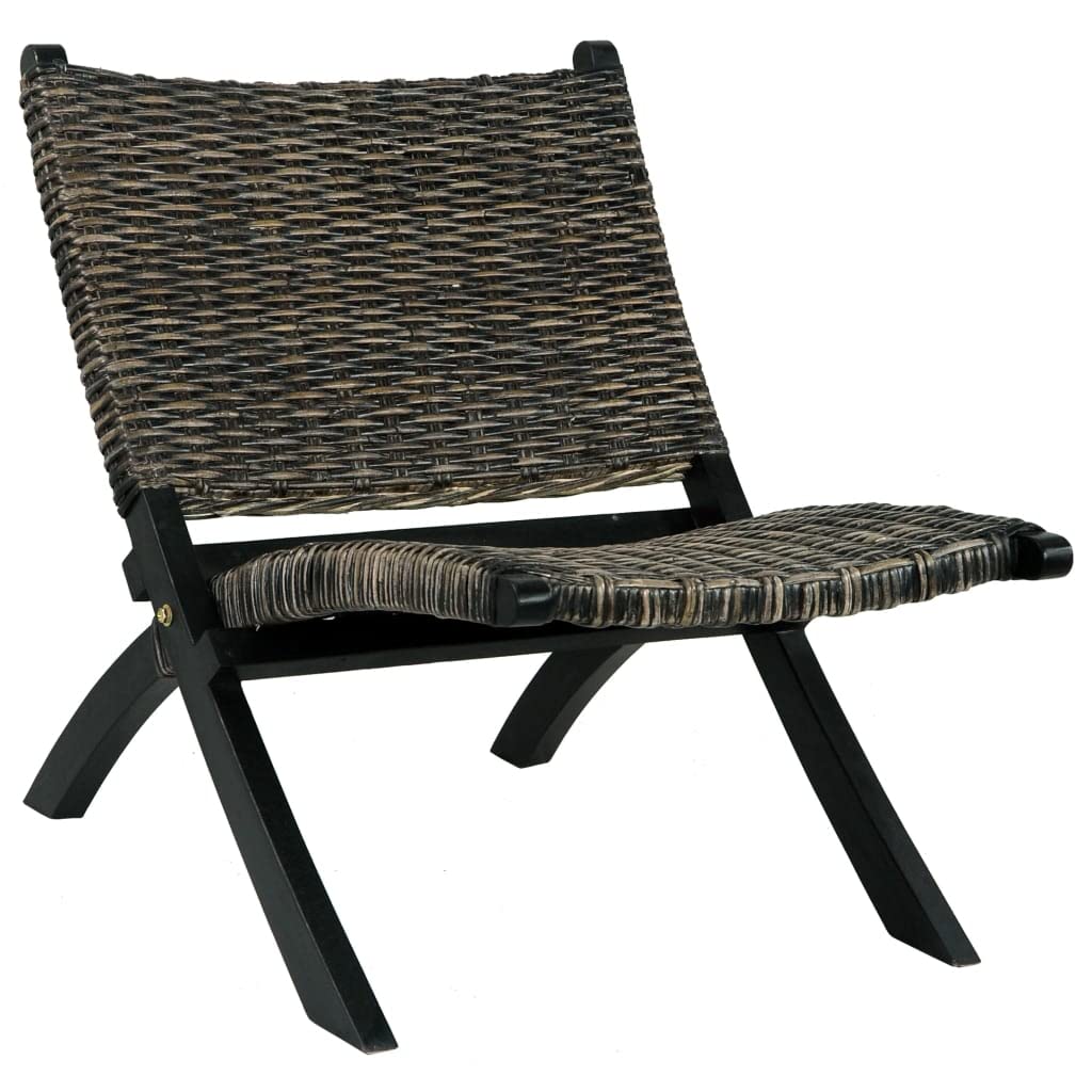 Black Natural Kubu Rattan & Solid Mahogany Lounge Chair - Armless Accent Chair for Office, Living Room, Bedroom & Reading Nook - Comfortable Reception Seating for Home & Workspace