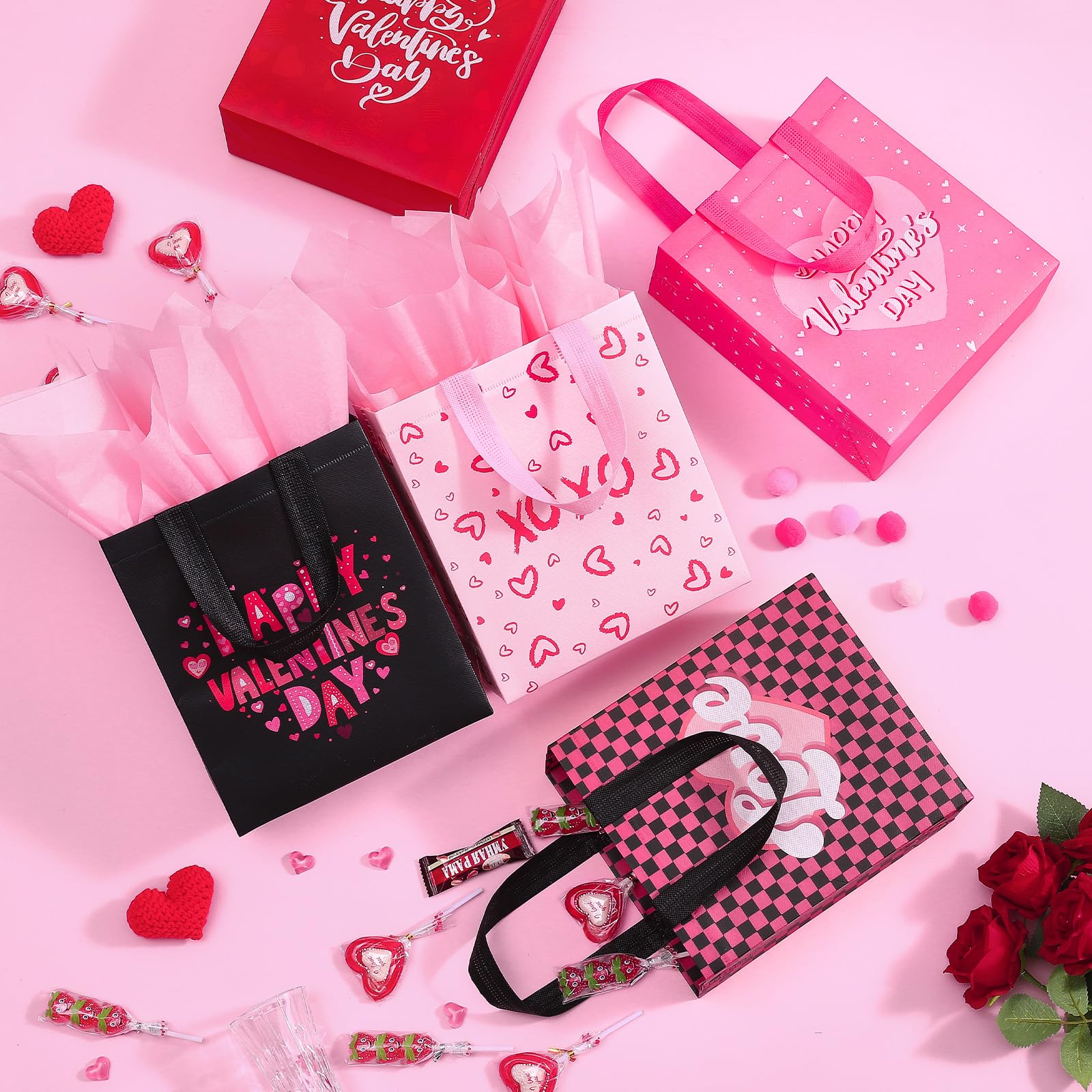 12 Pack Valentine's Day Gift Bags with Tissue Paper - Reusable Heart Print Party Favor Bags with Handles for Classroom Exchange, Kids Party Favors & Gift Wrapping - Perfect for Valentine's Parties, School Events & Romantic Gift Giving