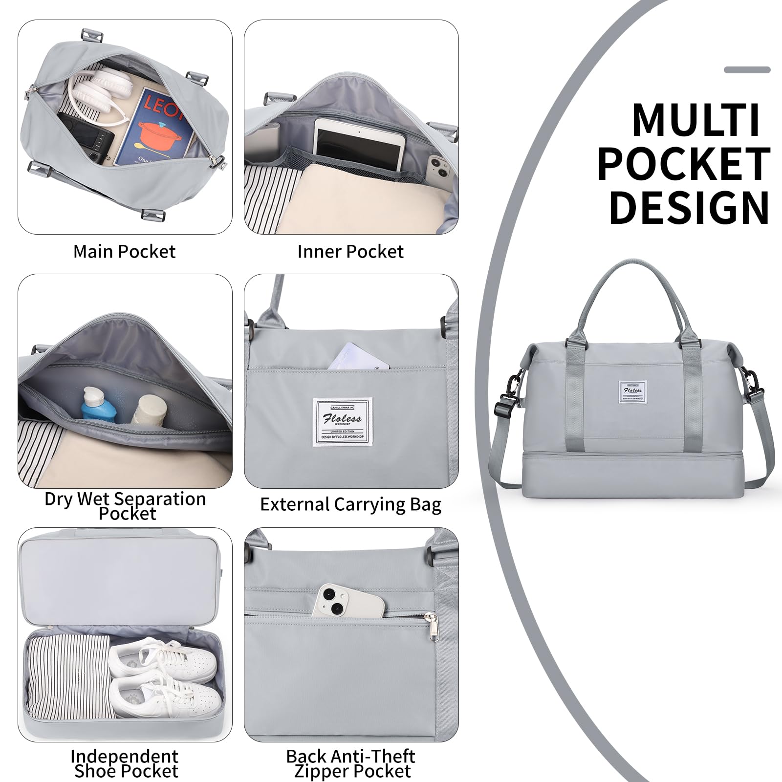 HYC00 Women's Travel Weekender Bag with Shoe Compartment & Wet Pocket - Perfect for Gym, Overnight Trips & Hospital Use - Light Grey Carry-On Luggage