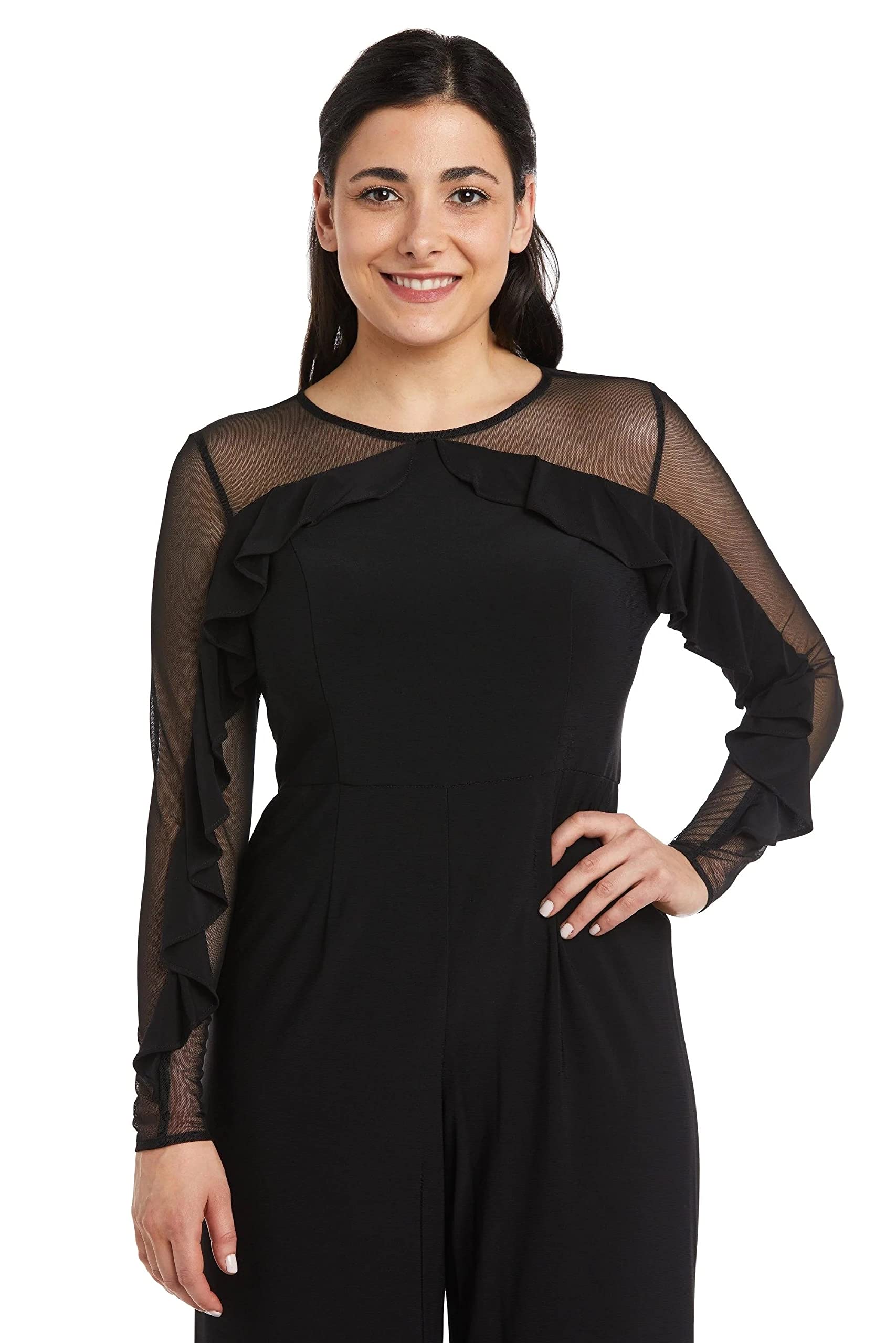 R&M Richards Women's Elegant Ruffled Illusion Sleeve Formal Jumpsuit for Evening Gala, Wedding Guest & Special Occasions