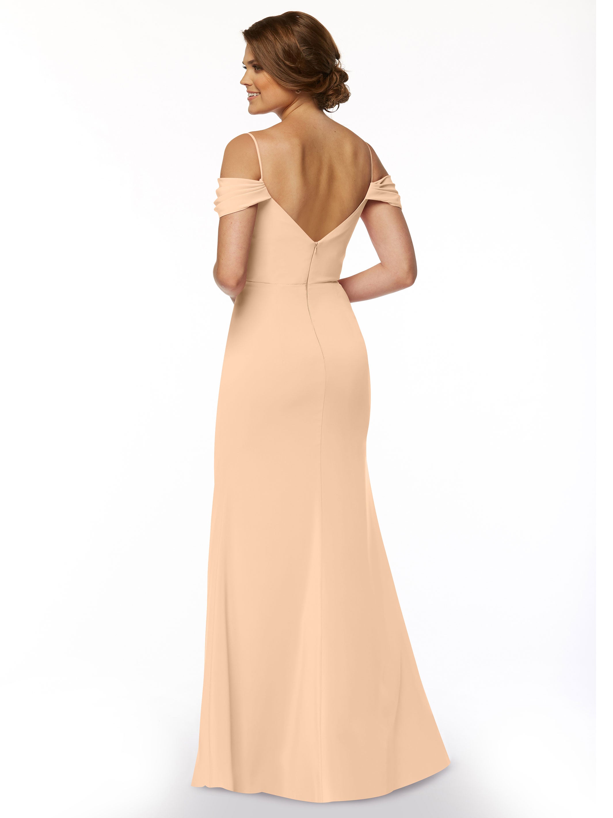 Elegant 83029 Fitted Stretch Chiffon Off-The-Shoulder Bridesmaid Dress with High Slit - Perfect for Weddings, Prom & Formal Events