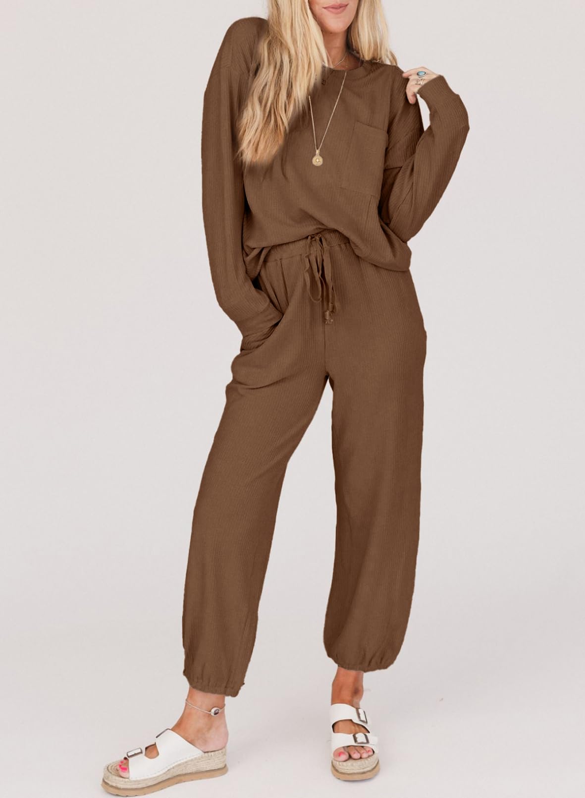 SHEWIN Women's 2 Piece Waffle Knit Lounge Set - Long Sleeve Pullover & Drawstring Jogger Pants Tracksuit | Cozy Casual Outfit for Home, Yoga, Travel & Loungewear