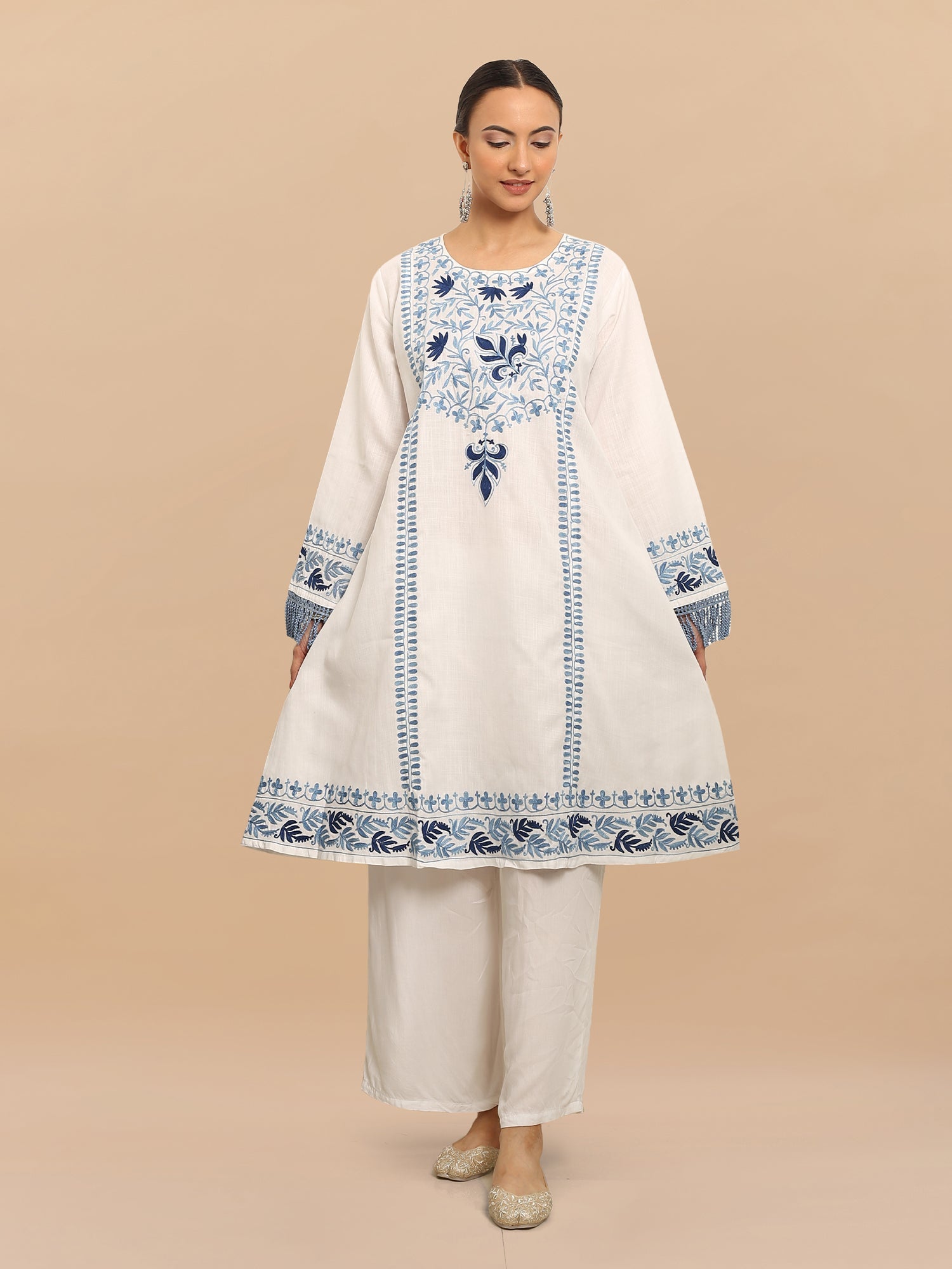 Mehnaz in Falak Kashmiri Long Kurta - White Cotton Embroidered Tunic for Women | Perfect for Festivals, Weddings & Ethnic Occasions