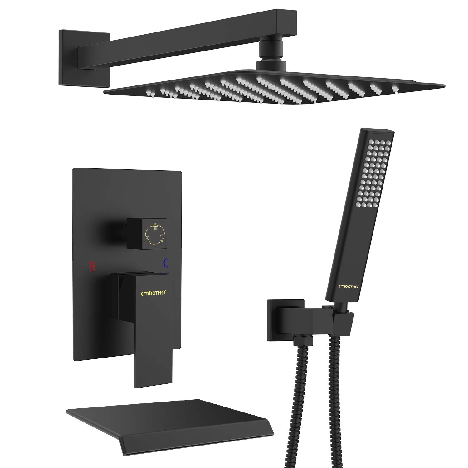 EMBATHER 10 Inch Matte Black Shower System with Tub Spout - High Pressure Rain Shower Head & Handheld Spray - Complete Bathroom Faucet Set with Valve & Trim Kit - Perfect for Modern Bathroom Renovation & Spa-Like Shower Experience