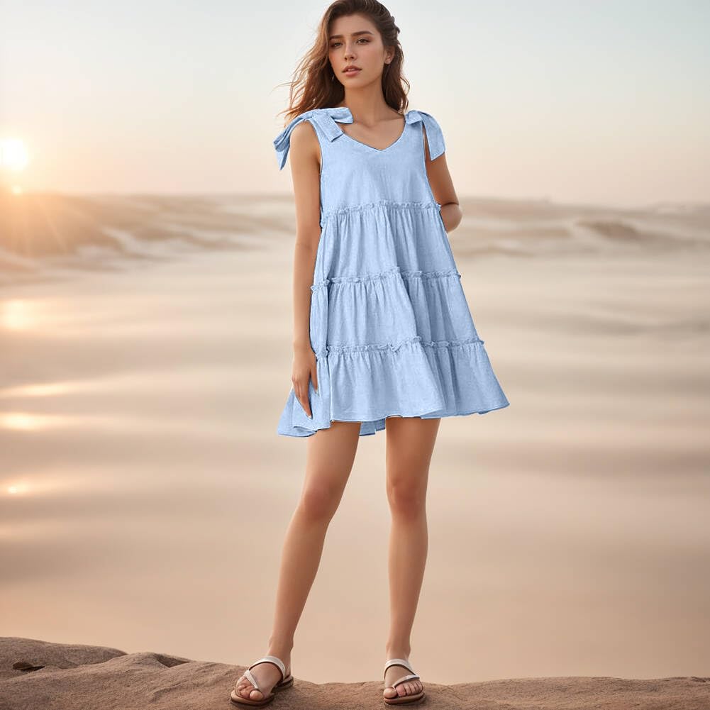 Women's Flowy Summer Dresses 2025 - V Neck Sleeveless Mini Sundress with Ruffles for Casual Wear & Beach Vacations | Perfect for Pool Parties, Date Nights and Tropical Getaways