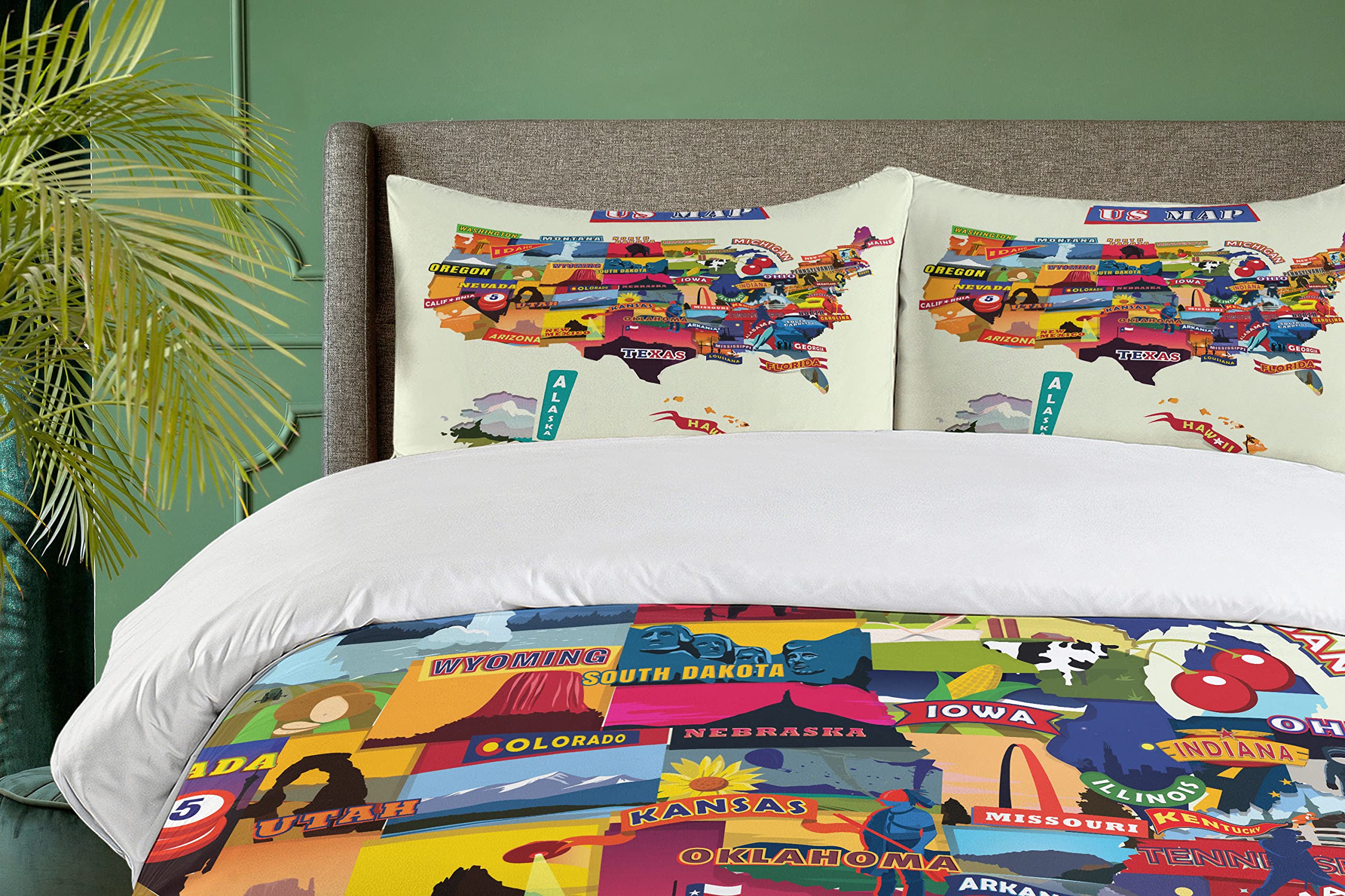 Ambesonne US Map Print Duvet Cover Set - Seashore, Sunflowers & Tourist Attractions Design, 3-Piece Queen Size Bedding with 2 Pillow Shams | Perfect for Home Decor, Guest Rooms & American-Themed Bedrooms