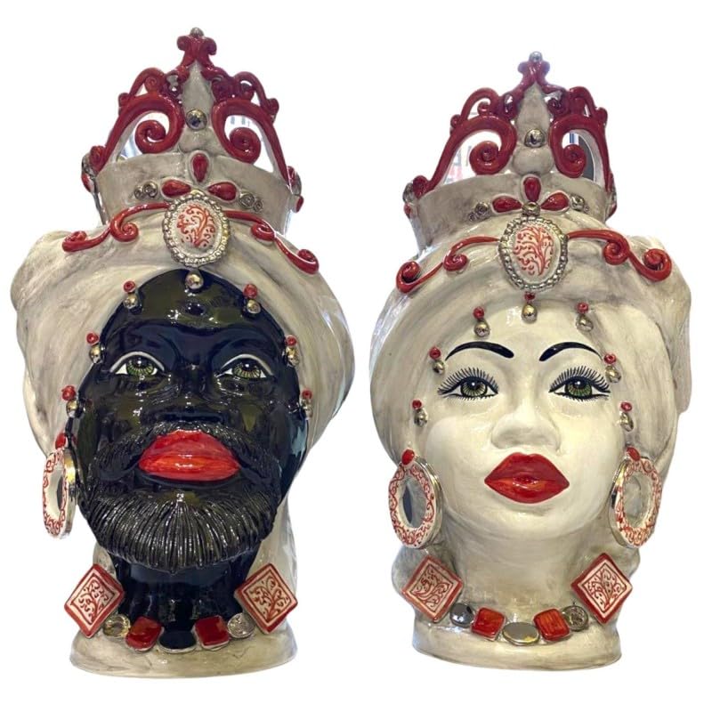 Sicilian Ceramic Moor's Head (1 Piece) - Handmade Caltagirone Pottery with Platinum Glaze and Black Matte Sphere, Approx. 50cm - Perfect for Home Decor, Italian-Themed Parties, and Unique Gift Ideas