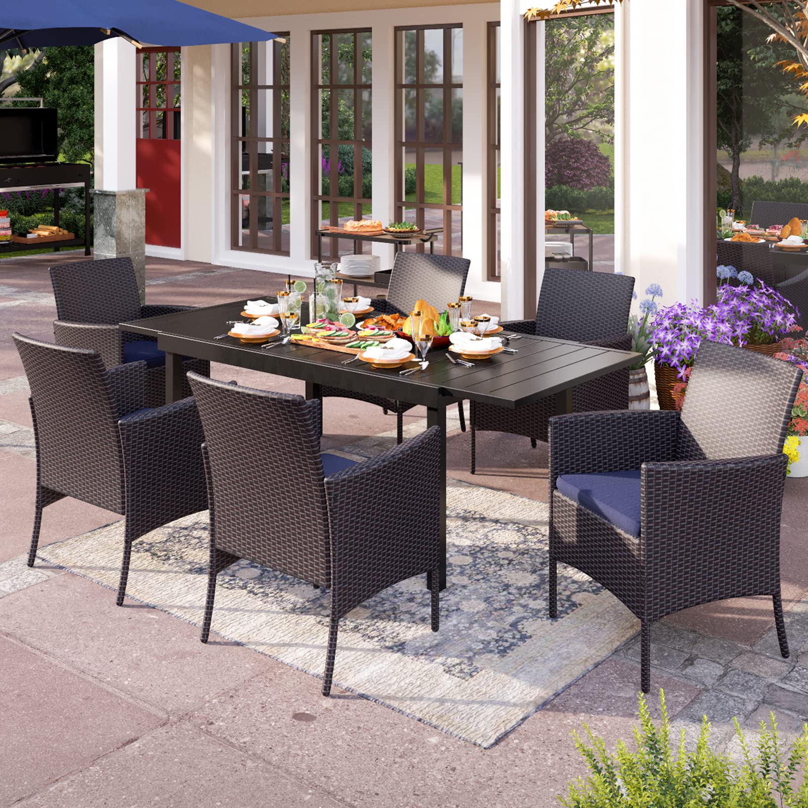 PHI VILLA 7-Piece Expandable Outdoor Dining Set for 6 - Rectangular Metal Table & Cushioned Rattan Chairs - Patio, Deck, Yard Furniture - Perfect for Backyard BBQs, Garden Parties & Outdoor Entertaining