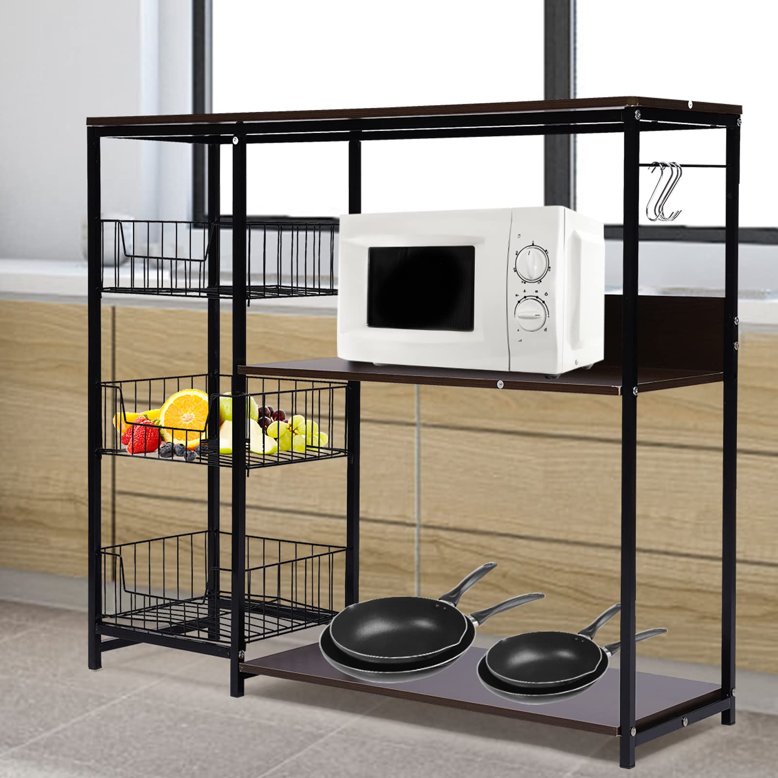 Industrial Kitchen Island with Large Worktop - 7 Open Storage Shelves & 4 Hooks - Rustic Bakers Rack & Coffee Bar Station - Perfect for Small Kitchens, Pantry Organization & Breakfast Nook Setup