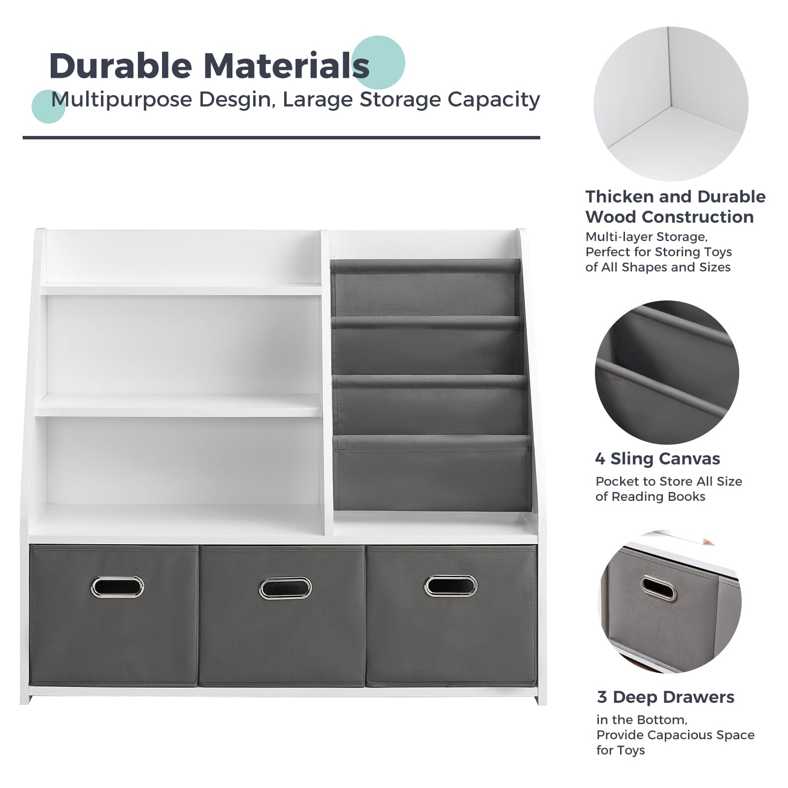 EFURDEN Kids Bookshelf & Toy Storage Organizer - White Wooden Book Display Shelf with Storage Bins for Bedroom, Playroom, Nursery & Classroom - Perfect for Organizing Children's Books, Toys and Learning Supplies