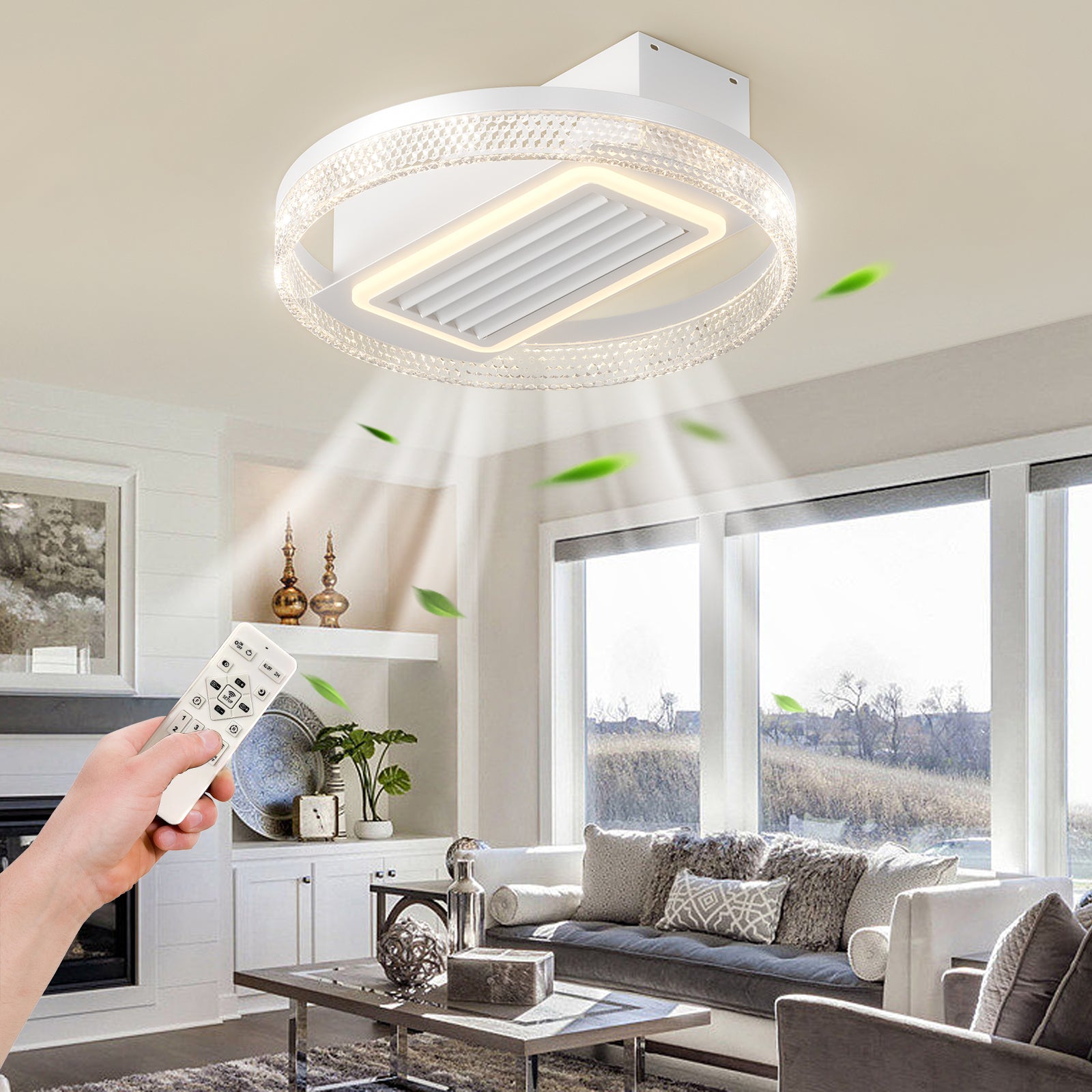 20 Inch Modern Leafless Ceiling Fan with Remote Control - Reversible Motor, Removable & Washable Blades - Perfect for Bedroom, Living Room, and Office Spaces