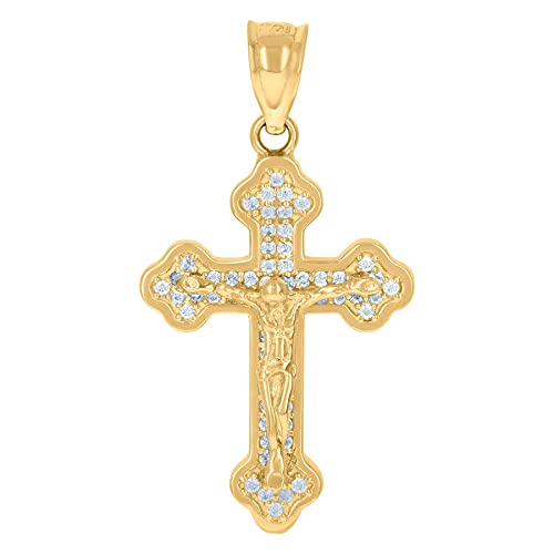10K Yellow Gold Men's CZ Cubic Zirconia Simulated Diamond Cross Pendant Necklace - Religious Budded Crucifix Charm for Men - Perfect Gift for Baptism, Confirmation & Daily Wear
