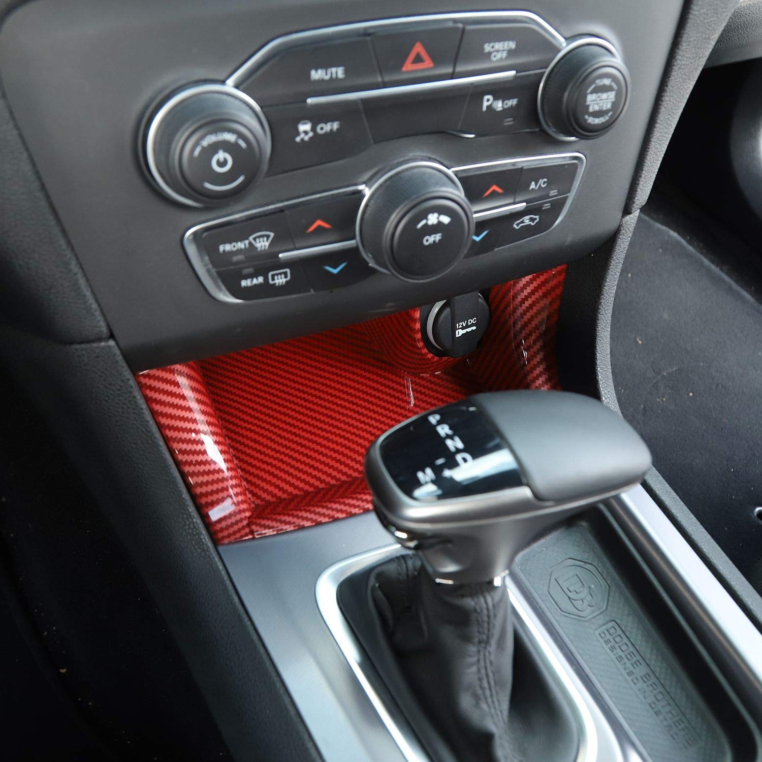 Premium ABS Red/Black Fiber Shift Shifter Storage Compartment Bin Trim Panel - Interior Accessories for 2011-2025 Dodge Charger - Perfect for Organizing Gear & Enhancing Center Console Style