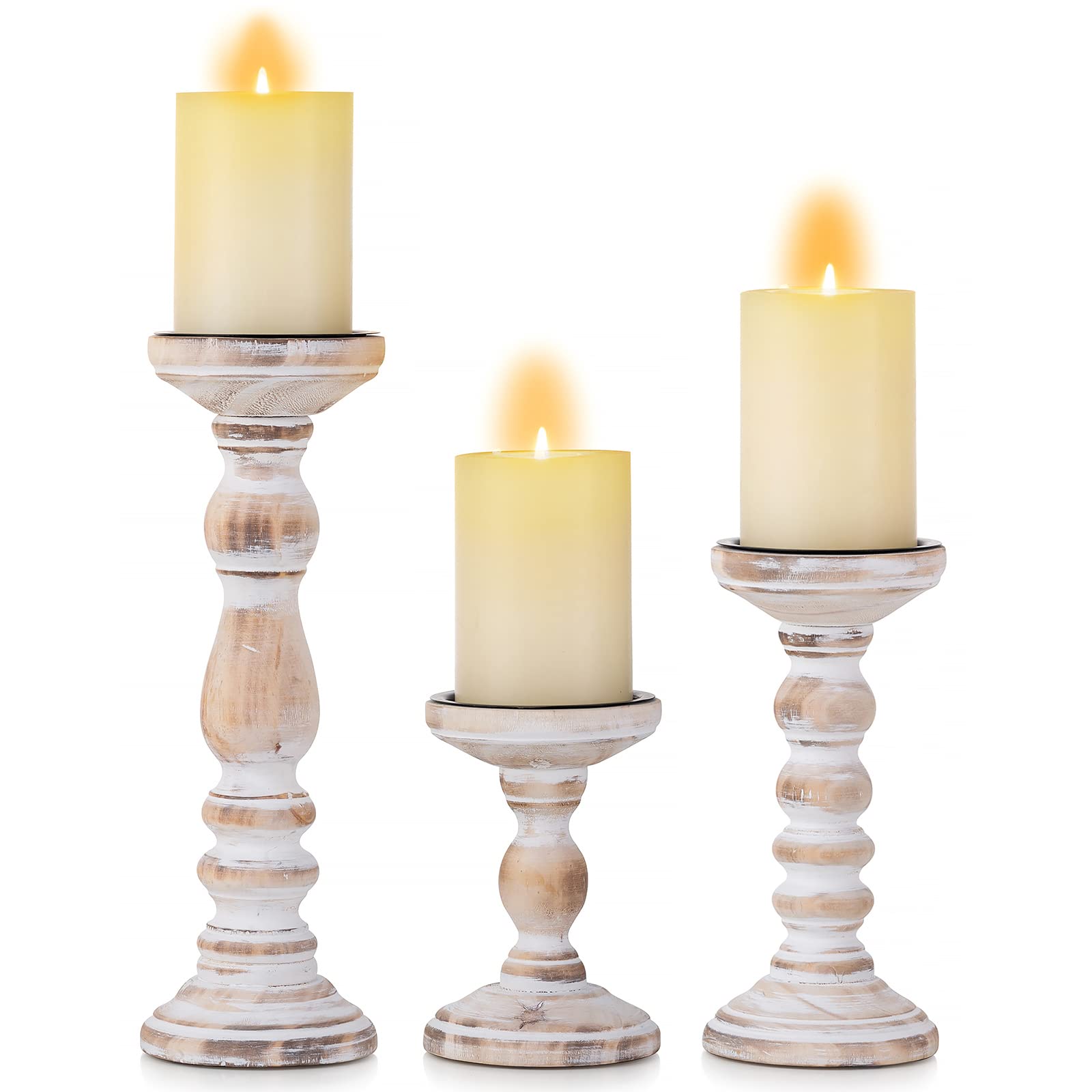 Romadedi Set of 3 Wooden Candle Holders for Pillar Candles - Rustic Farmhouse Style Candlestick Stand (6”, 8.3”, 12”) - Whitewashed Wood Candle Stand for Fireplace, Mantle, End Table, Shelf - Perfect for Home Decor, Wedding Centerpieces & Cozy Ambiance