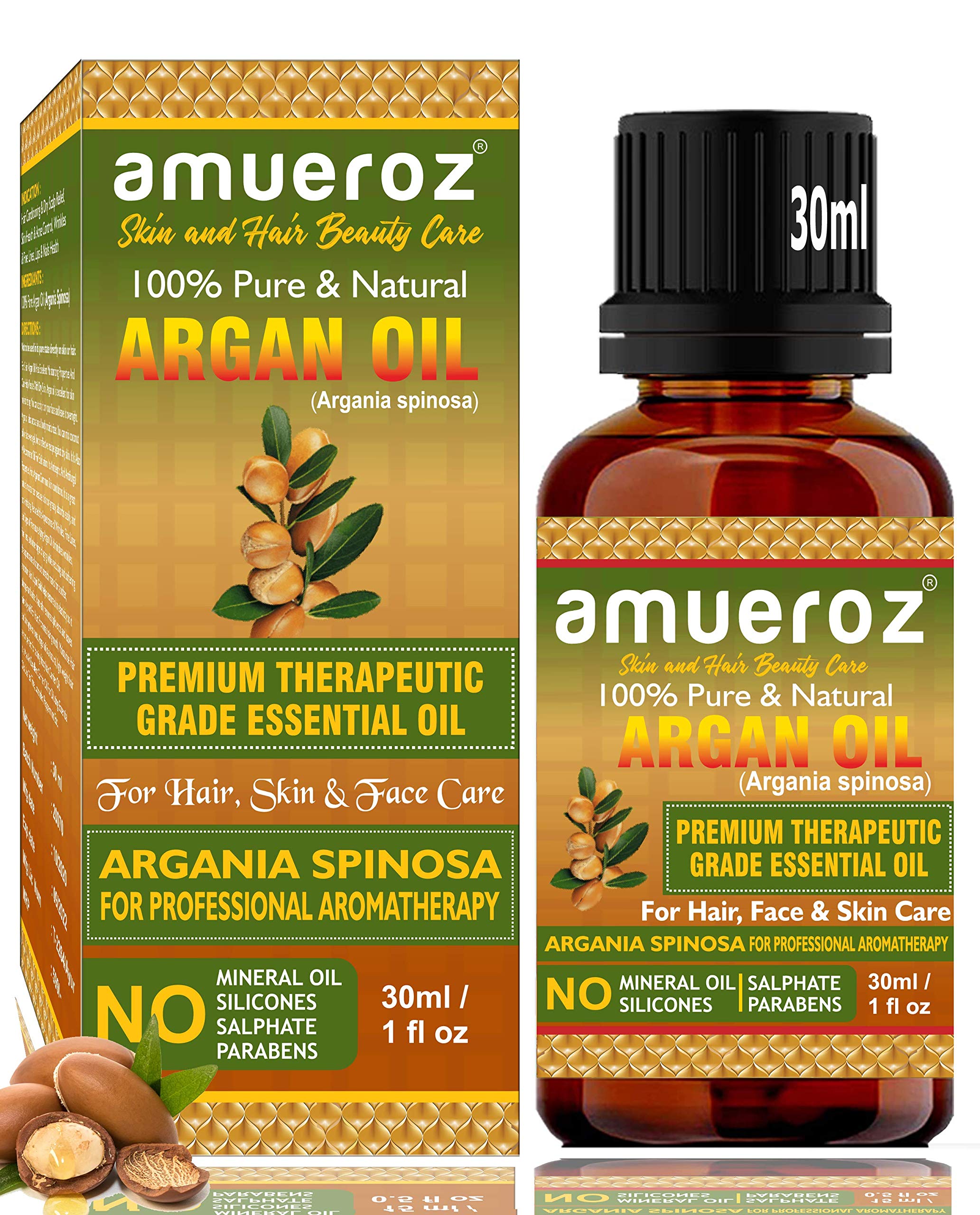 Amueroz Moroccan Argan Oil (30ml) - 100% Pure Natural Organic Cold Pressed Argan Oil for Skin, Face, Nails & Hair - Moisturizer, Protector & Growth Stimulator for Dry Damaged Hair - Perfect for Daily Beauty Routine & Hair Care Treatment