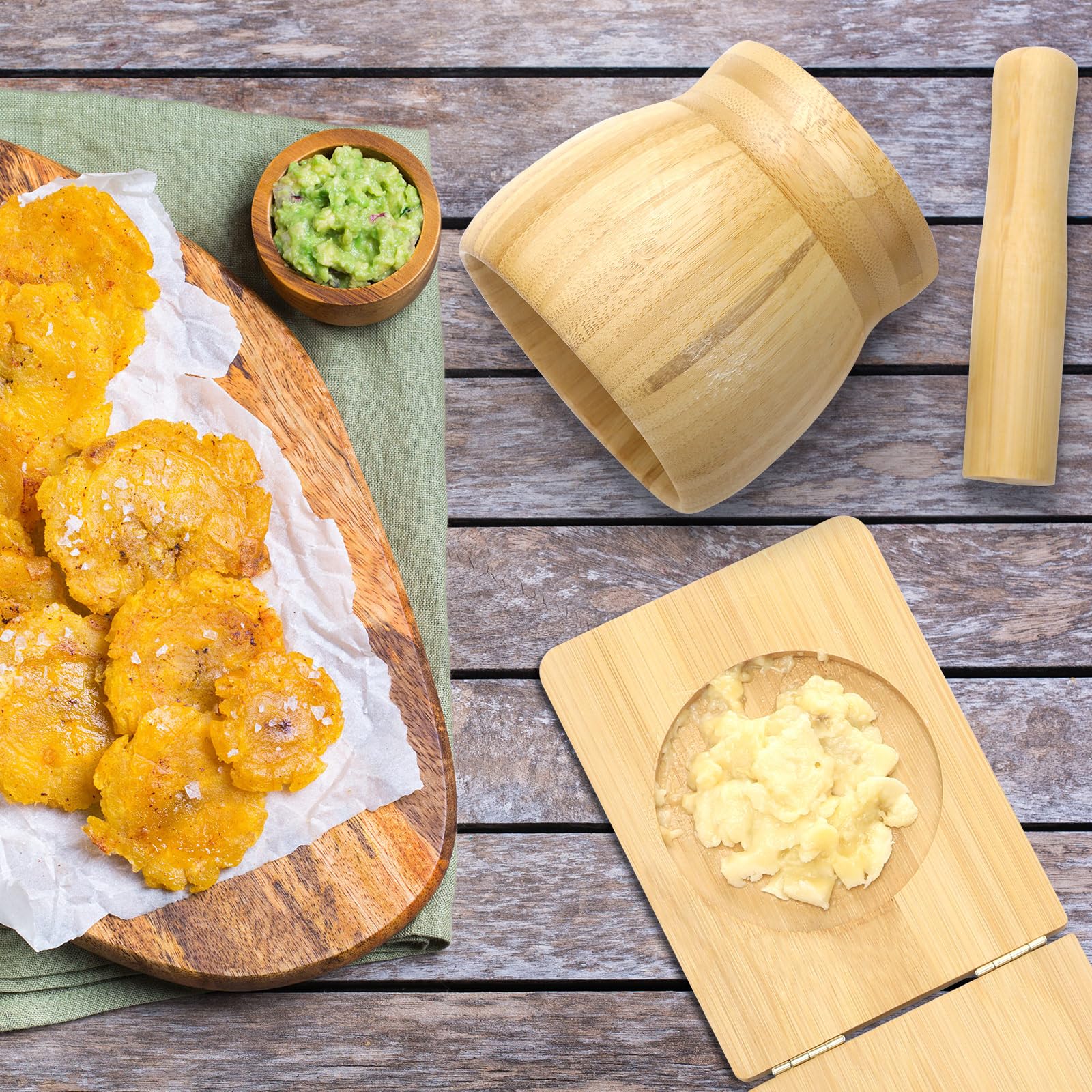 Jumbo Bamboo Mortar and Pestle Set - Natural Wood Tostonera & Plantain Press for Guacamole, Fried Bananas & Pepper Grinding - Perfect for Latin Cooking, Smashing Tostones & Making Fresh Salsas