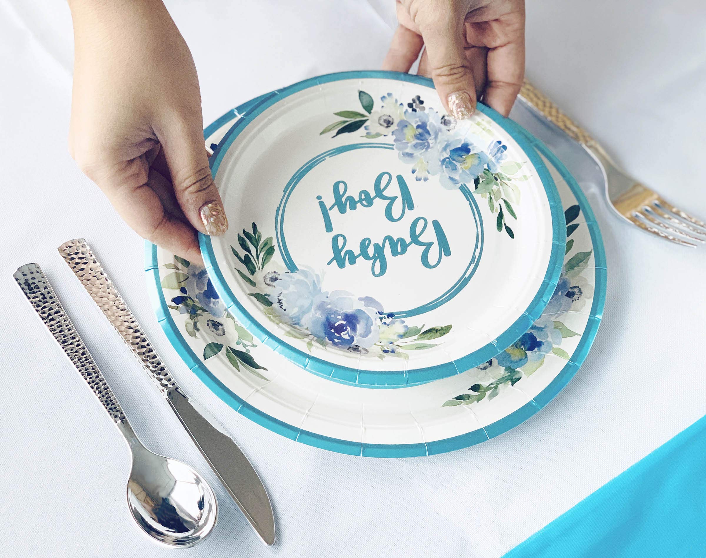 Baby Shower Plates and Napkins Set - 25-Piece Disposable Tableware with Light Blue Foil & Floral Design | Includes Dinner Plates, Dessert Plates, Cups & Napkins | Perfect for Baby Boy Showers, Gender Reveals & Nursery Themed Parties