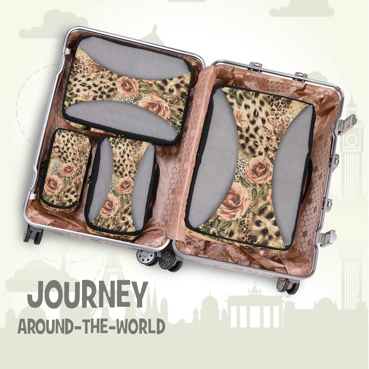 Animal Leopard Print Packing Cubes 4-Piece Set - Mesh Travel Organizers for Luggage & Suitcase Storage | Perfect for Vacation, Business Trips & Weekend Getaways