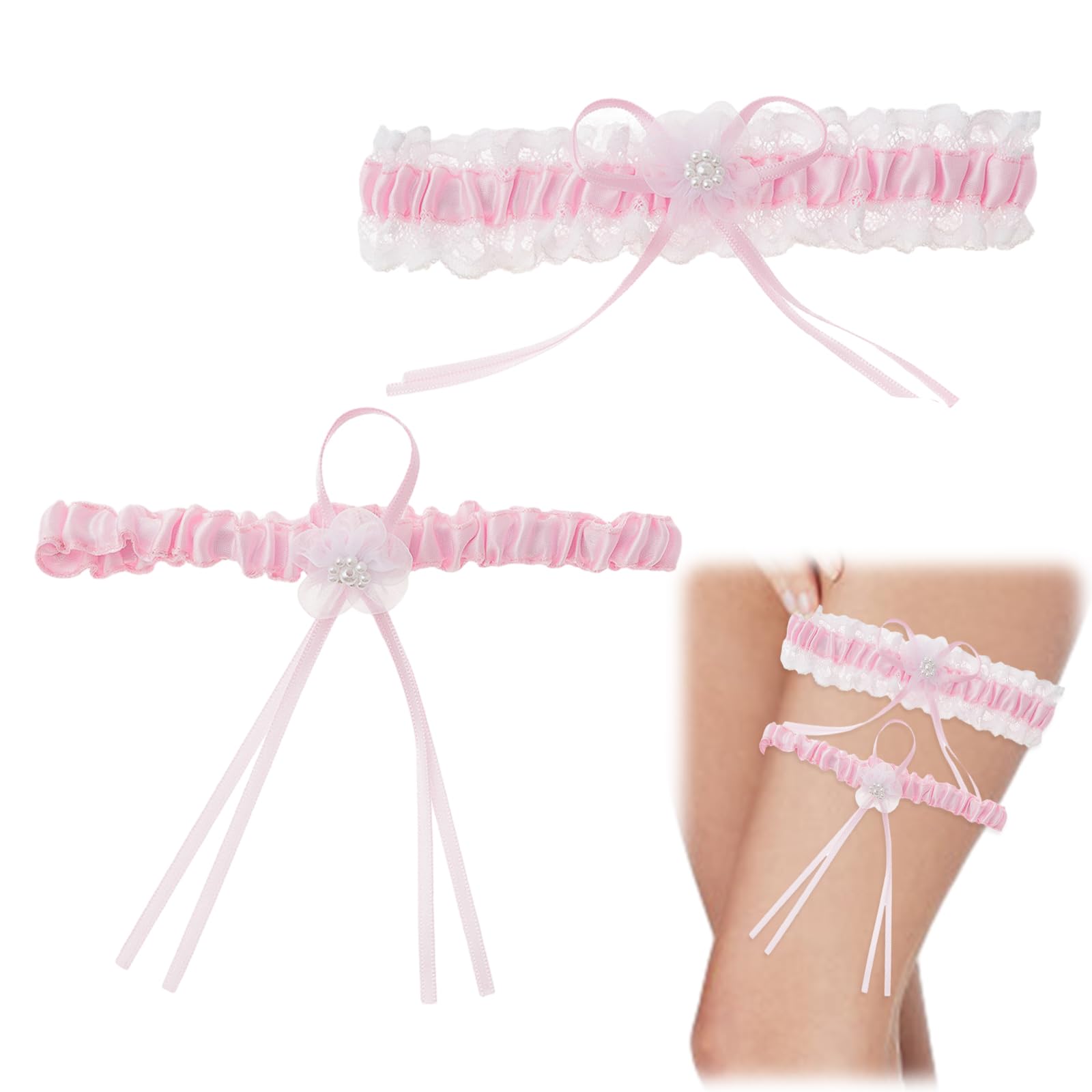 2-Piece Pink Bridal Garter Set for Wedding - Elegant Lace Bride Garter Belt with Bow, Perfect for Bridal Shower, Bachelorette Party & Something Blue Tradition