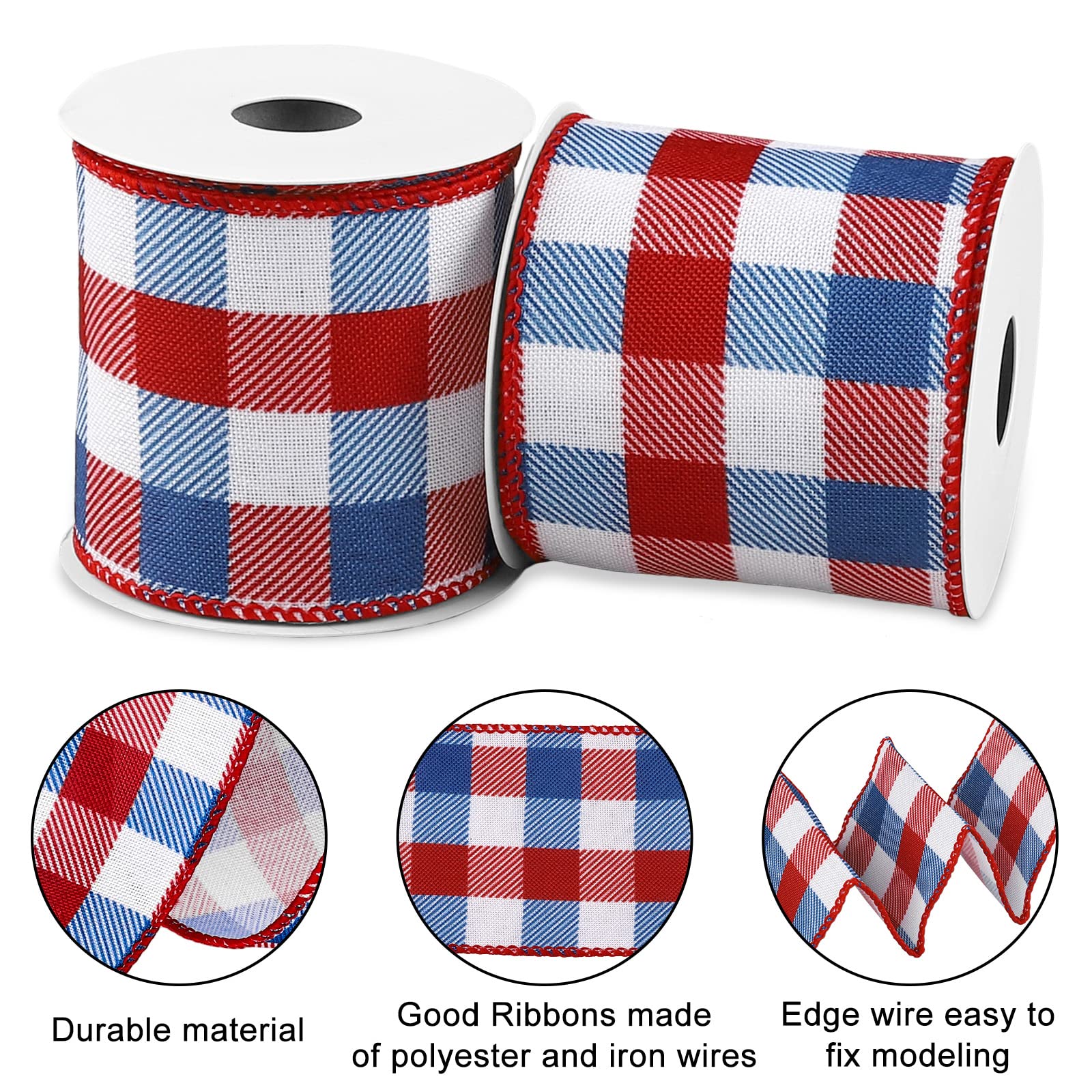 Whaline 2 Rolls Patriotic Buffalo Check Ribbon - Red Blue Plaid Wired Edge Craft Ribbon (2.5 Inch x 10 Yards) for 4th of July Decor, DIY Gift Wrapping, Farmhouse Bow Making & Independence Day Party Supplies