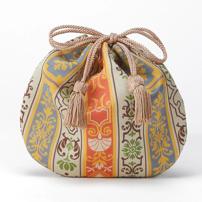 Nishijin Woven Small Drawstring Bag with Floral Design - Handmade in Kyoto, Japan | Traditional Japanese Craft Purse for Gift, Cosmetics & Jewelry Storage
