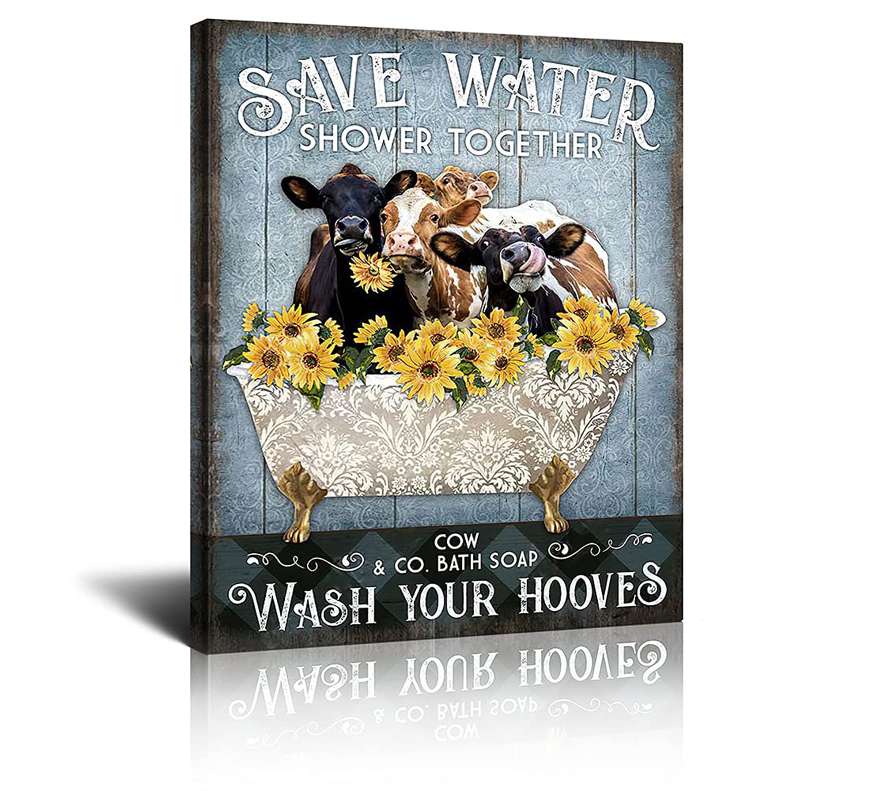 Farmhouse Cow Bathroom Wall Art - 16x20 Inch Ready to Hang Decor for Bath & Tub