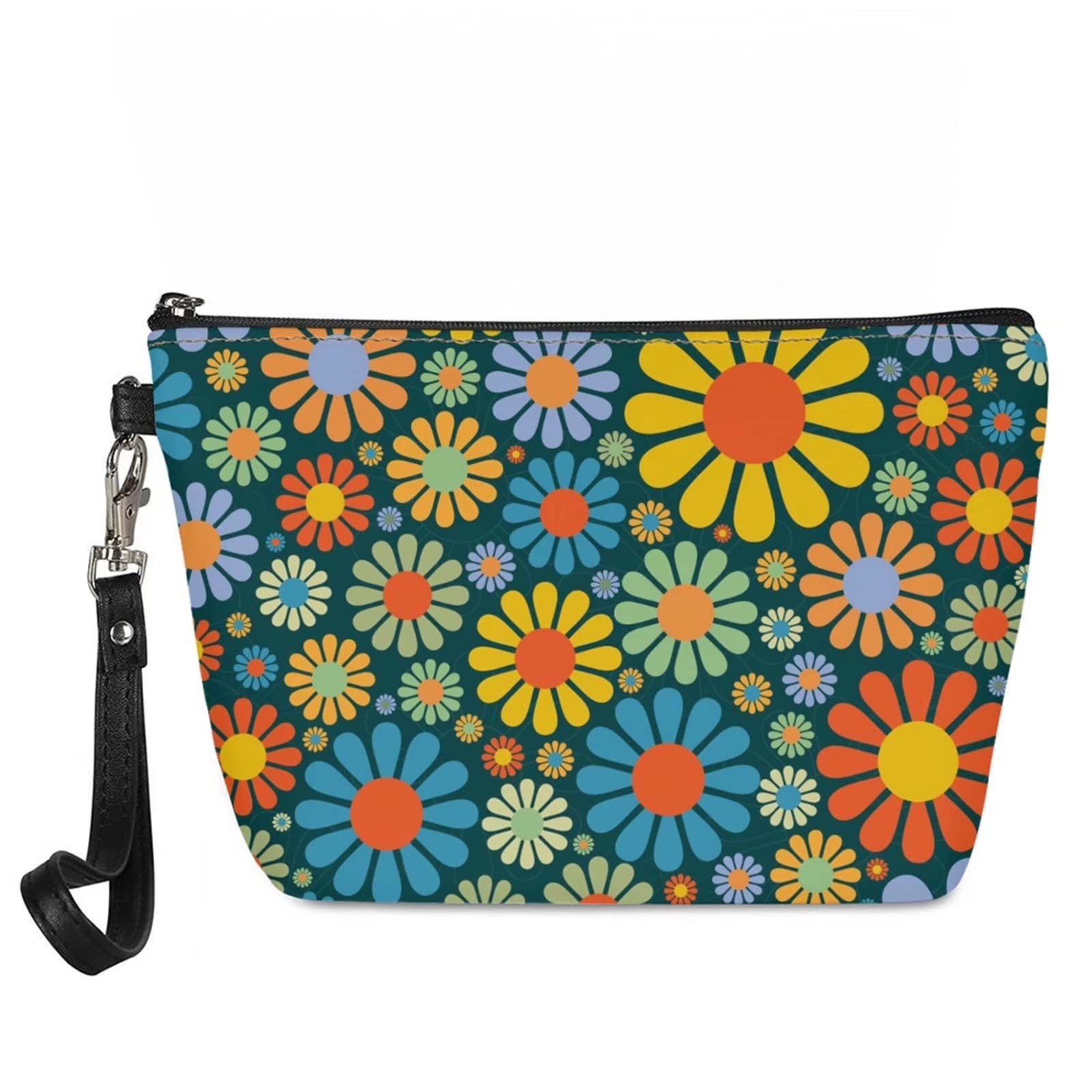 Boho Makeup Bag for Women - Small Floral Cosmetic Pouch, PU Leather Toiletry Travel Organizer, Cute Clutch Handbag & Pencil Case - Perfect Gift for Girls & Teens - Ideal for Travel, Daily Use & School Essentials