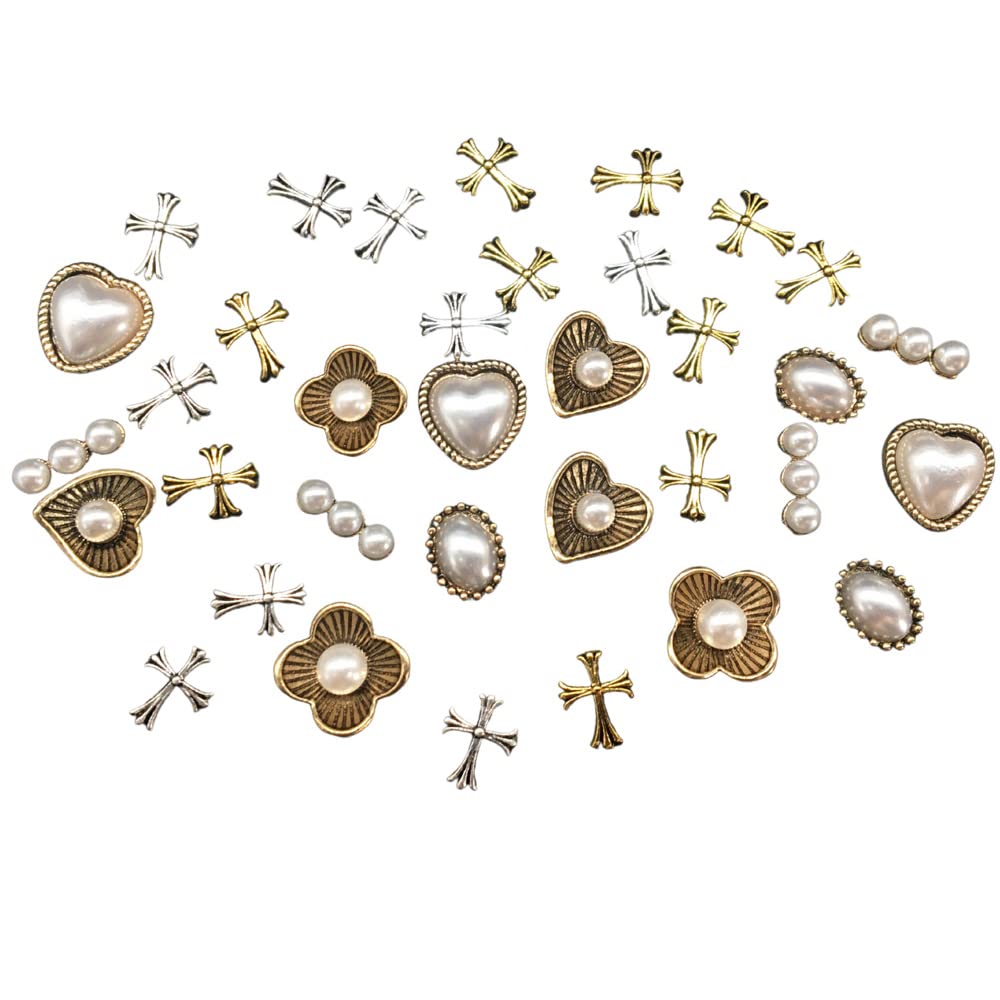 36pcs 3D Cross Nail Art Charms - Metal Chrome Hearts & Flower Nail Pearls for DIY Jewelry Making, Nail Art Accessories & Decoration - Perfect for Women's Nail Art, Party Nails, Bridal Manicures & Salon Nail Designs